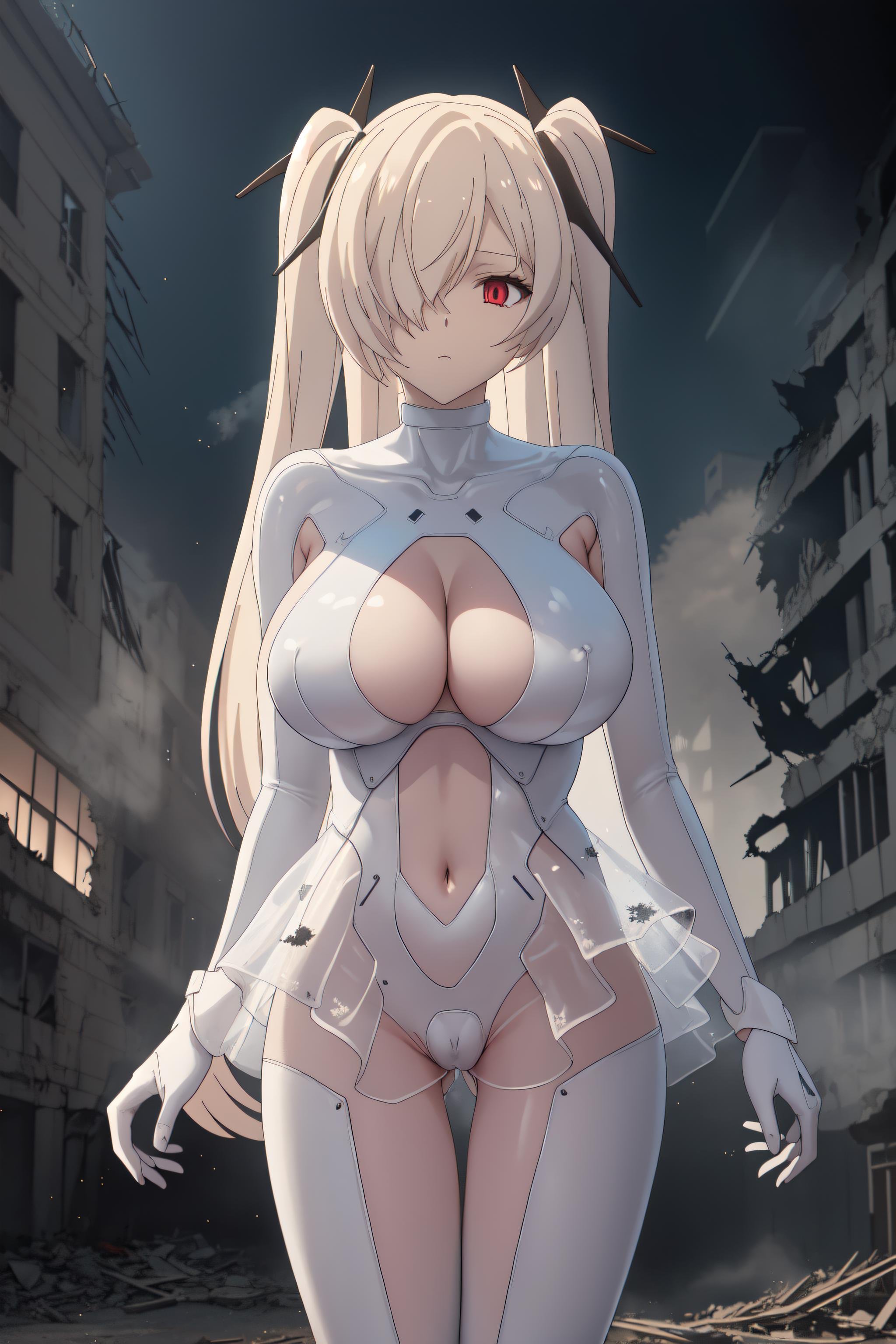 <lora:CinderellaV3-000031:0.9> masterpiece, best quality, anachirox, twintails, very long hair, (white hair:1.2), hair over one eye, white bodysuit, see-through, cleavage cutout, anime, expressionless, destroyed building, soft particles, mist, ashes, dark, nightmare, backlighting, looking at viewer