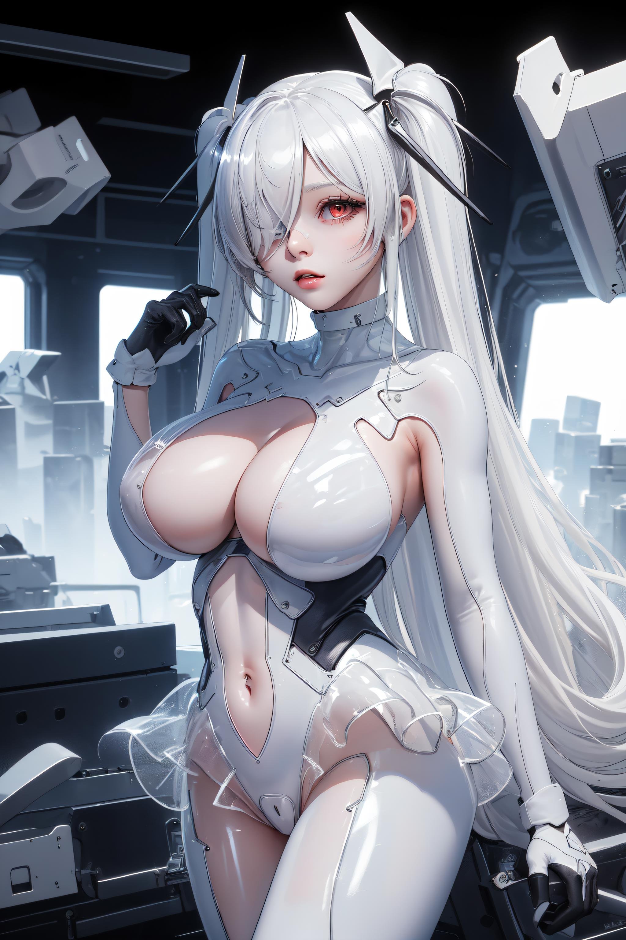 <lora:CinderellaV3-000031:0.9> masterpiece, best quality, (anachirox:1.2), twintails, very long hair, white hair, hair over one eye, white bodysuit, see-through, cleavage cutout