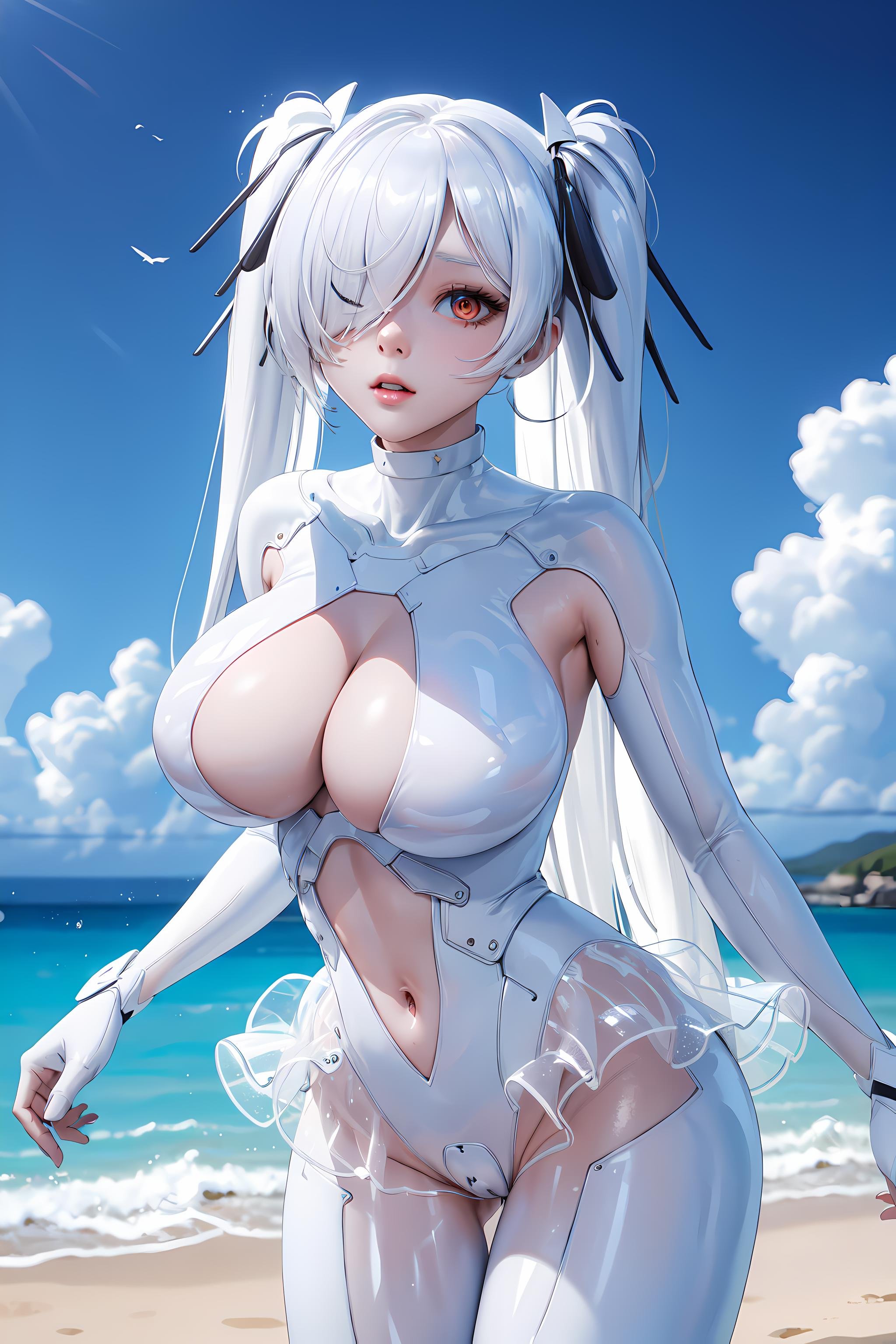 <lora:CinderellaV3-000031:0.9> (masterpiece, best quality:1.2), anachirox, twintails, very long hair, white hair, hair over one eye, white bodysuit, see-through, cleavage cutout