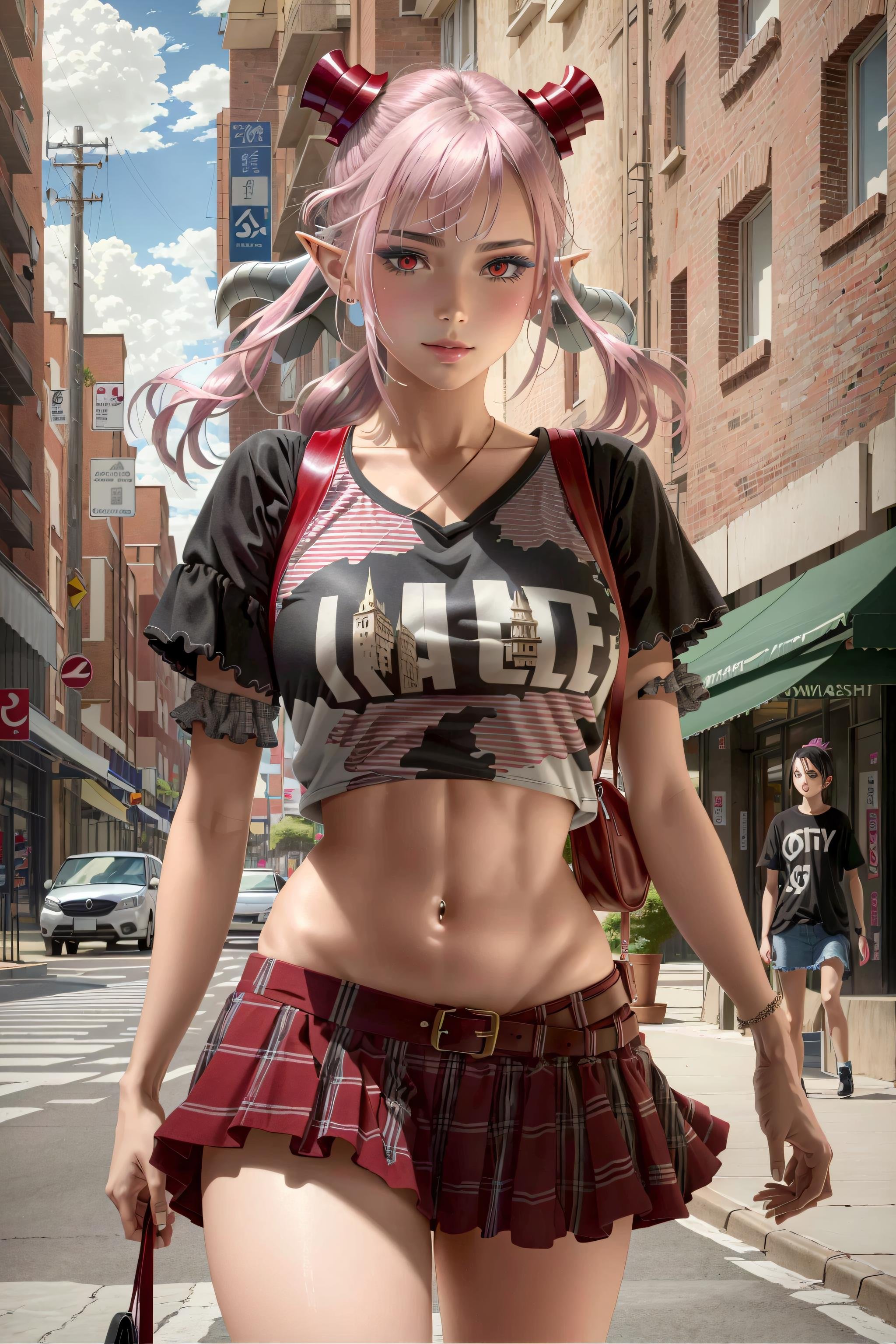 (masterpiece, best quality, detailed, realistic:1.2), 1girl, astaroth, red eyes, twintails, large breasts, punk rock, shirt, skirt, navel, casual, city street, <lyco:AstarothV46:0.7> 