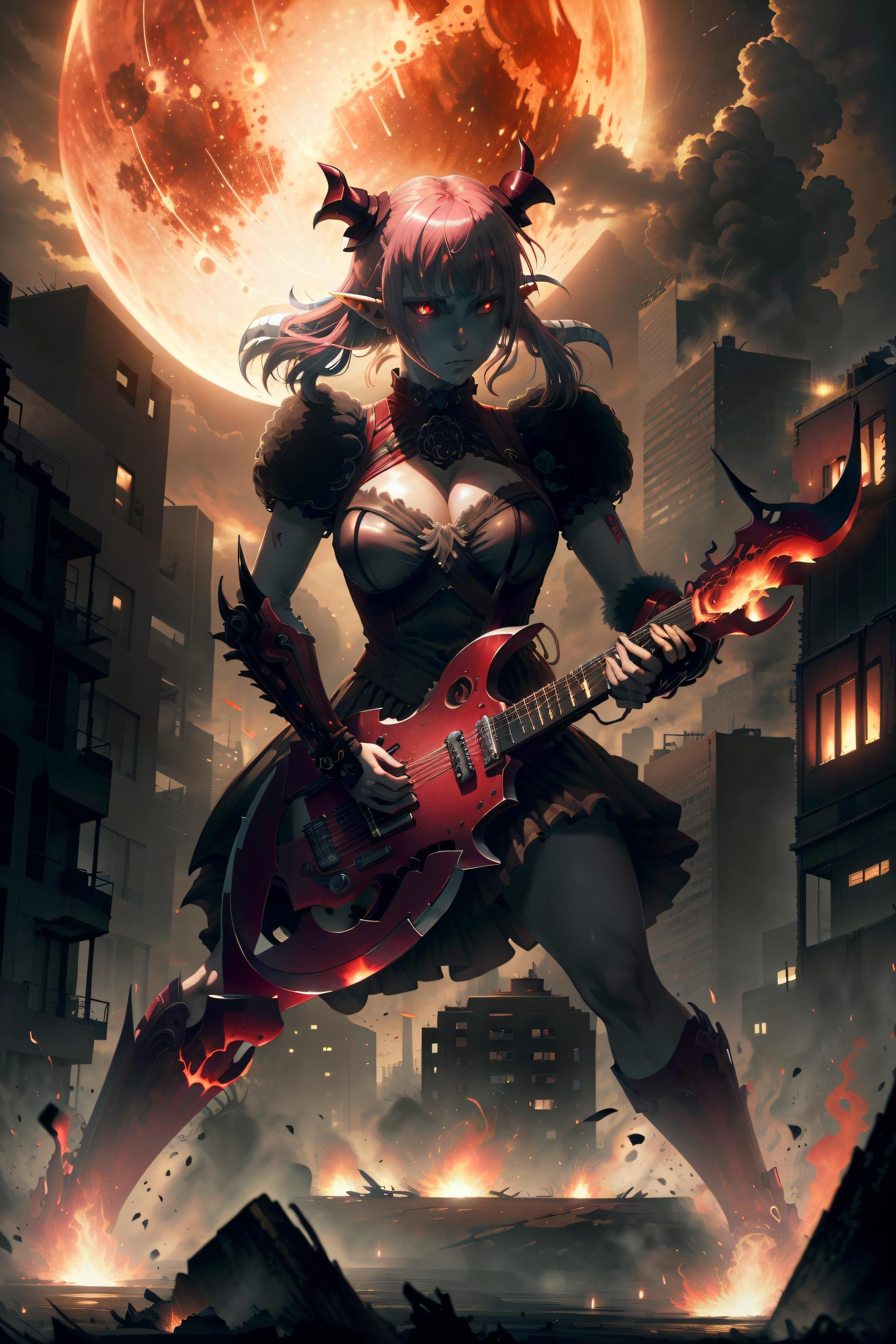 (masterpiece, realistic), 1girl, astaroth, red eyes, pink hair, twintails, horns, (glowing eyes:1.2), tail,  astarothdress, (astarothguitar:1.2), playing electric guitar, heavy metal stance, <lora:AstarothV46:0.9> , full moon, city ruins, burning city, fire, night, full moon, thunderstorm, InfernalAI, NightmarishAI <lora:InfernalAIv8:0.4> <lora:NightmarishAIv2:0.4>