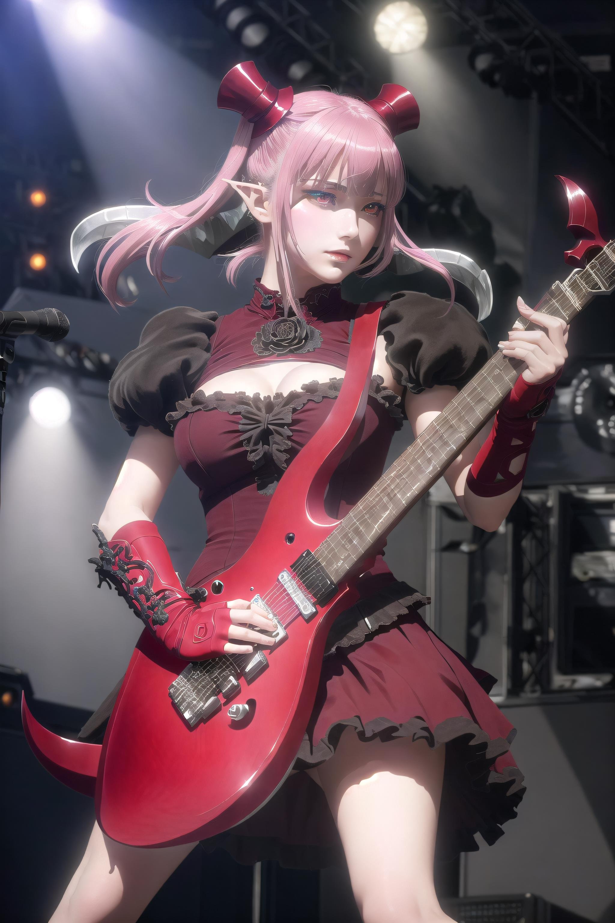 (masterpiece, best quality, detailed, photorealistic:1.2), 1girl, astaroth, (red eyes), twintails, tail,  astarothdress, (astarothguitar:1.2), playing instrument, dark ambience, rock concert stage <lora:AstarothV46:0.8>