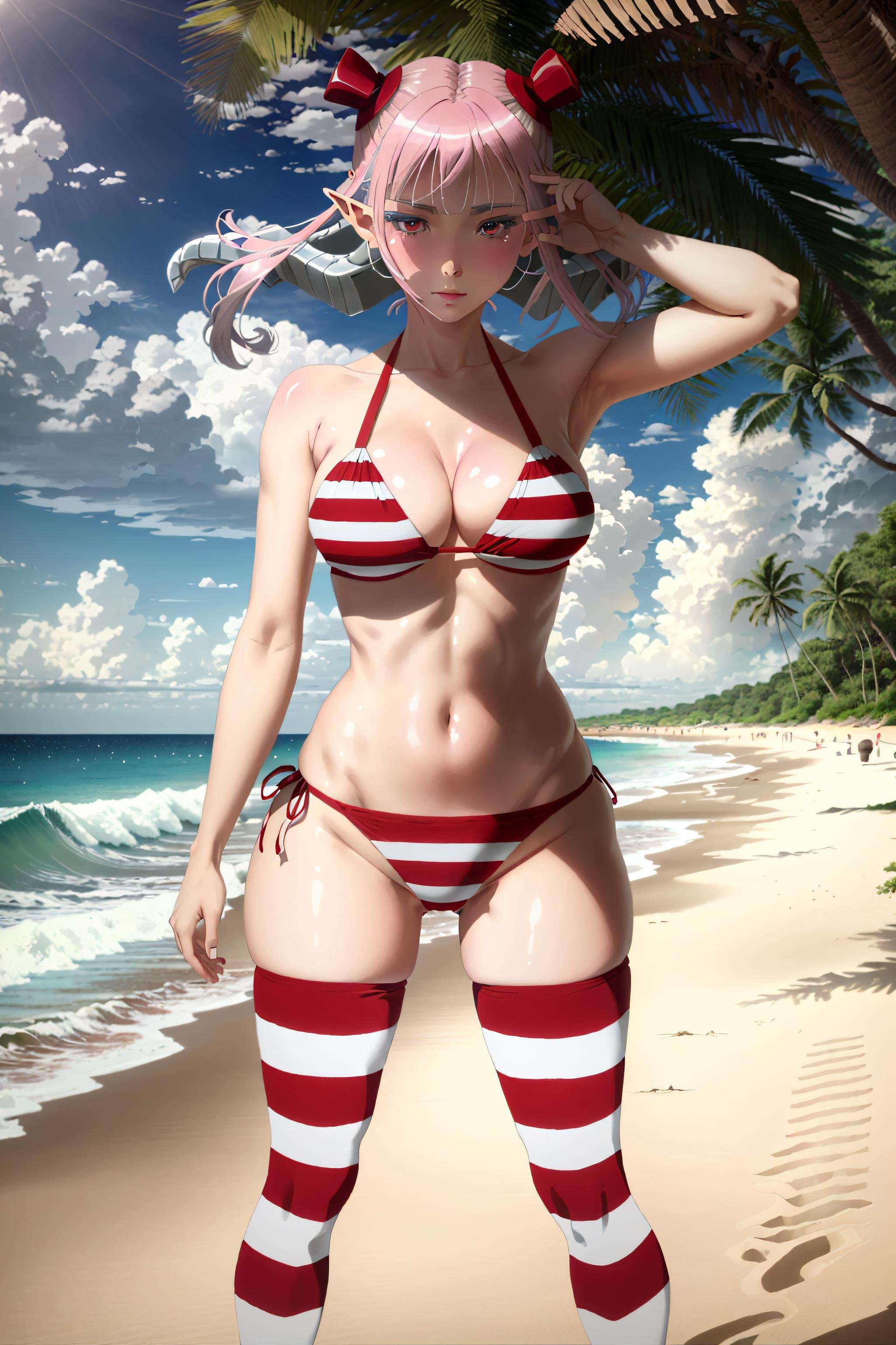 (masterpiece, best quality:1.2), 1girl, astaroth, red eyes, twintails, red and white striped bikini, wide hips, beach<lyco:AstarothV46:1>