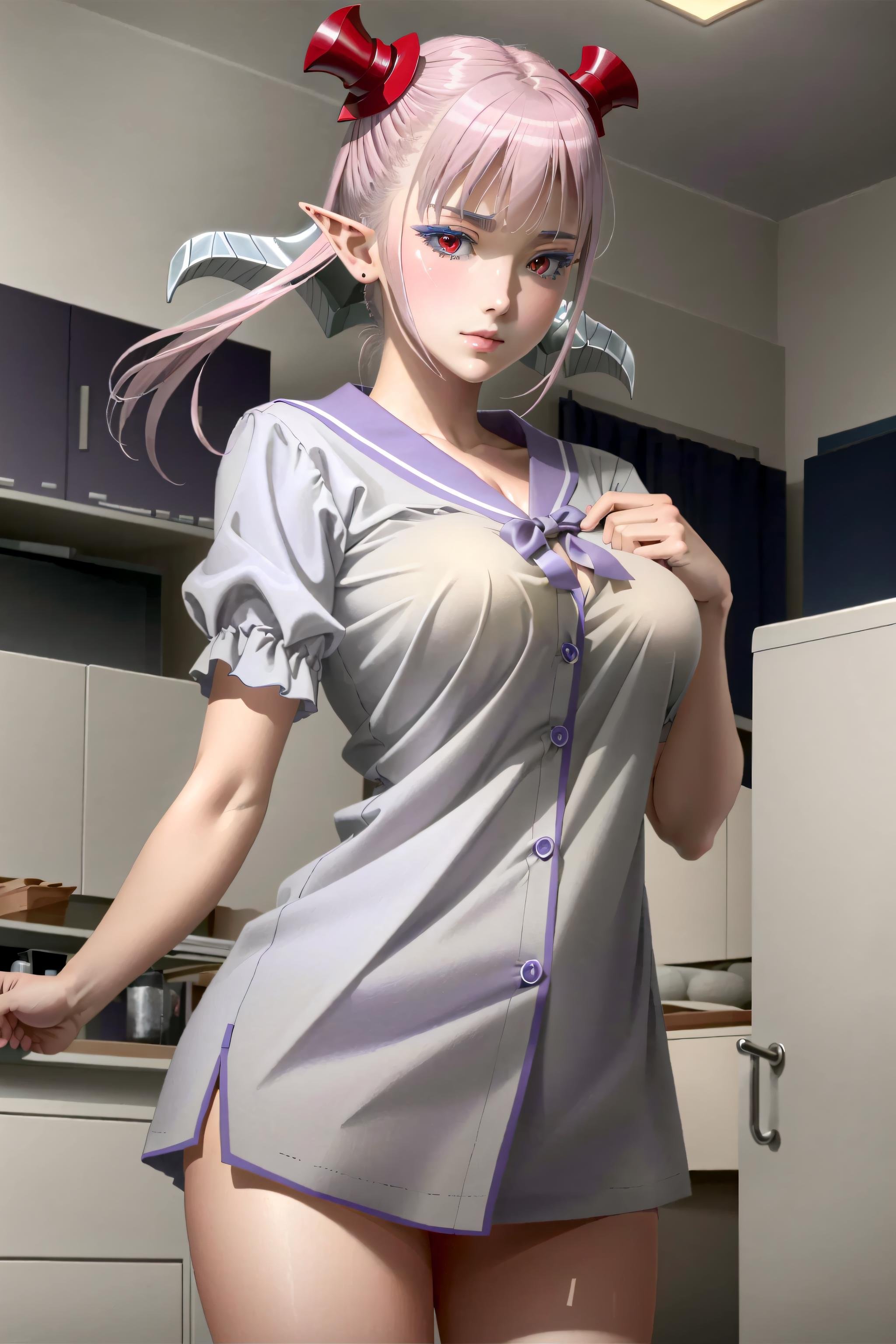 (masterpiece, best quality, realistic:1.2), 1girl, astaroth, red eyes, twintails, astarothpj, gray shirt, purple ribbon, large breasts, <lyco:AstarothV46:0.8>