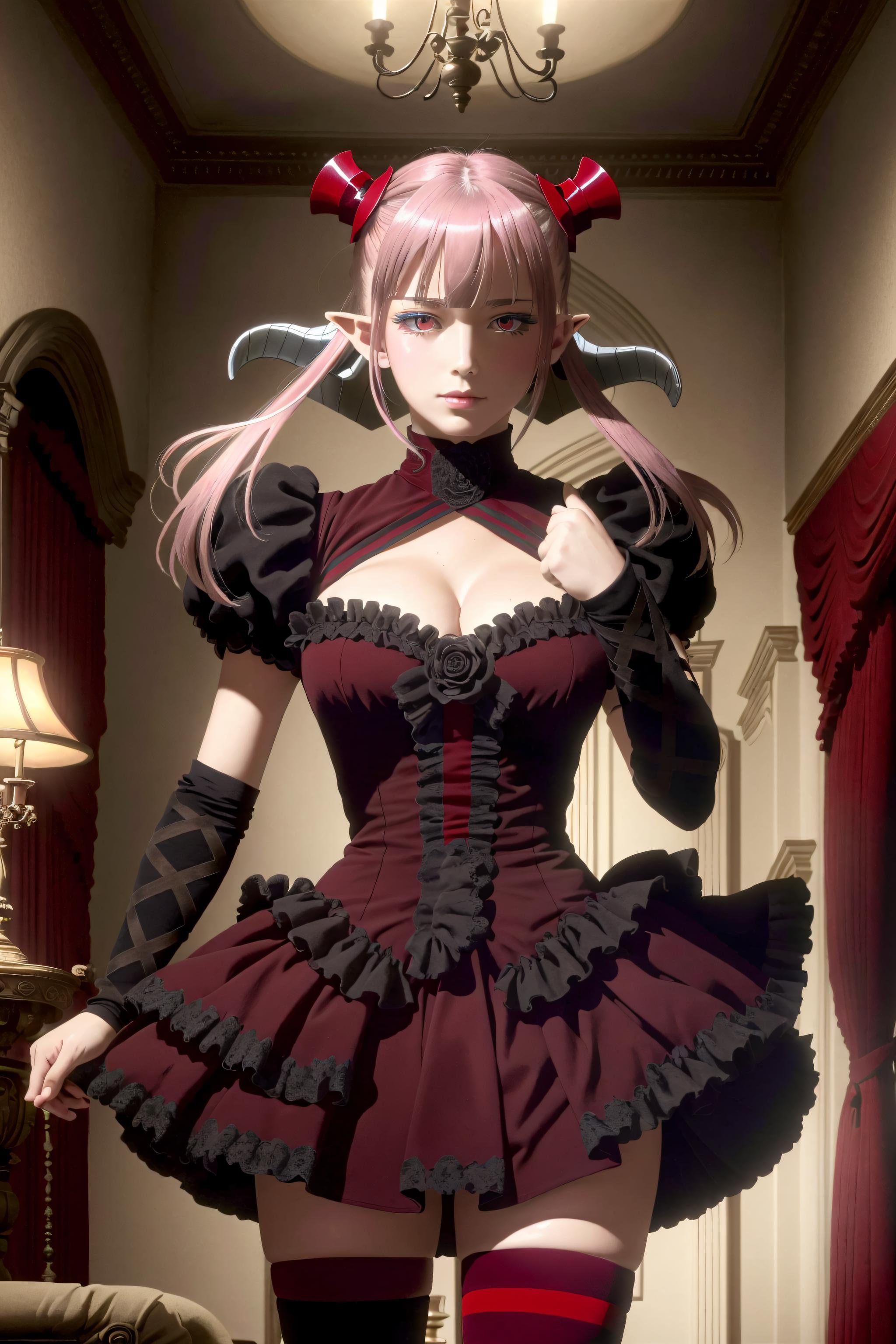 ((masterpiece)), ((best quality)), ((detailed)), (realistic), astaroth, red eyes, twintails, tail, astarothdress, striped thighighs, fingerless gloves, dark background, victorian castle interior, dark ambience, dramatic lighting, <lora:Astaroth:0.75>