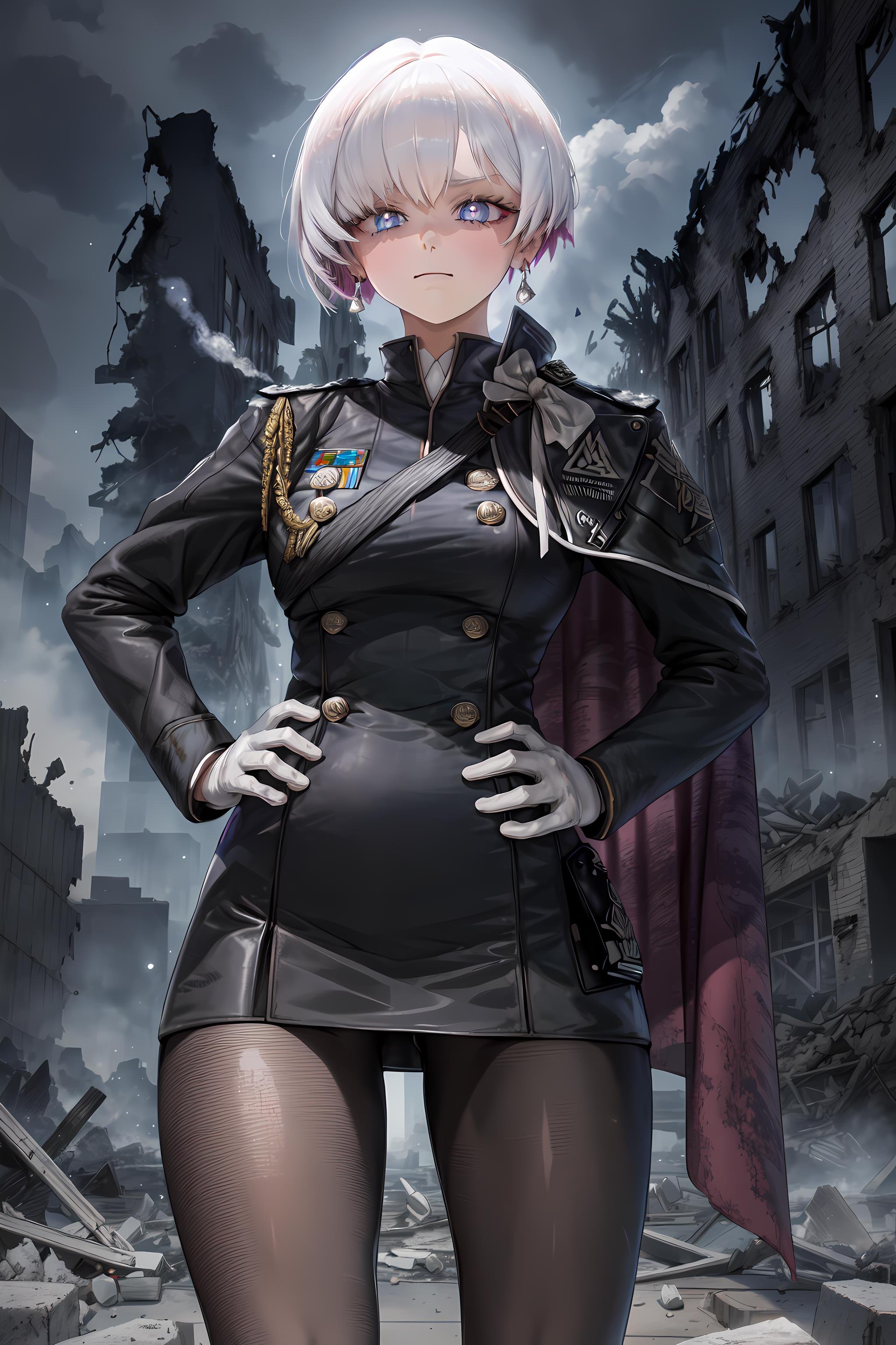 <lora:LiliweissV2-000024:0.8> (masterpiece, best quality), liliweissx, earrings, military uniform, cape, black dress, pantyhose, white gloves, ;3, looking at viewer, destroyed building, soft particles, mist, ashes, dark, nightmare, backlighting, dramatic lighting, hand on hip