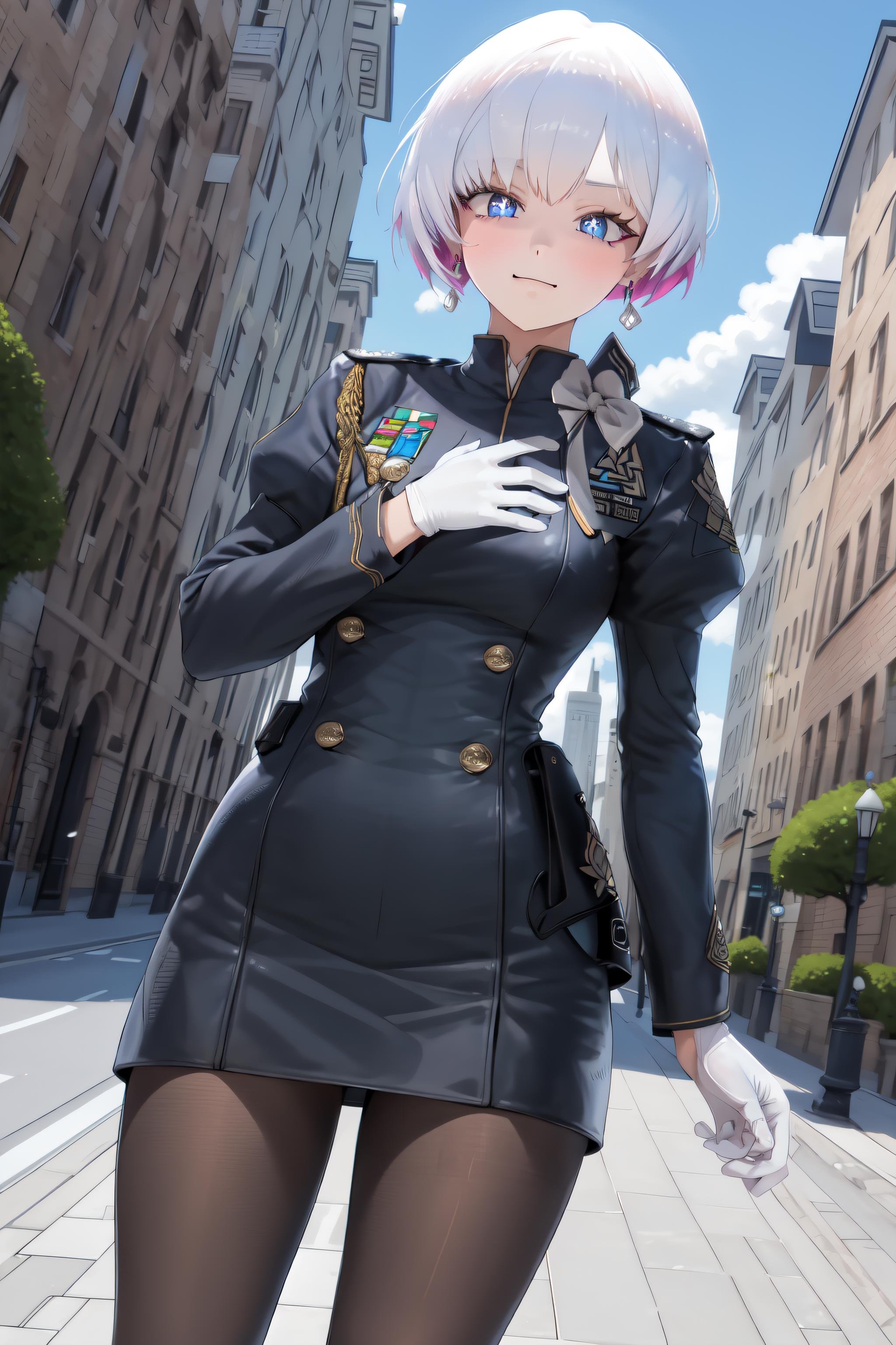 <lora:LiliweissV2-000024:0.8> masterpiece, best quality, liliweissx, earrings, military uniform, black dress, pantyhose, white gloves, ;3, looking at viewer, outdoors