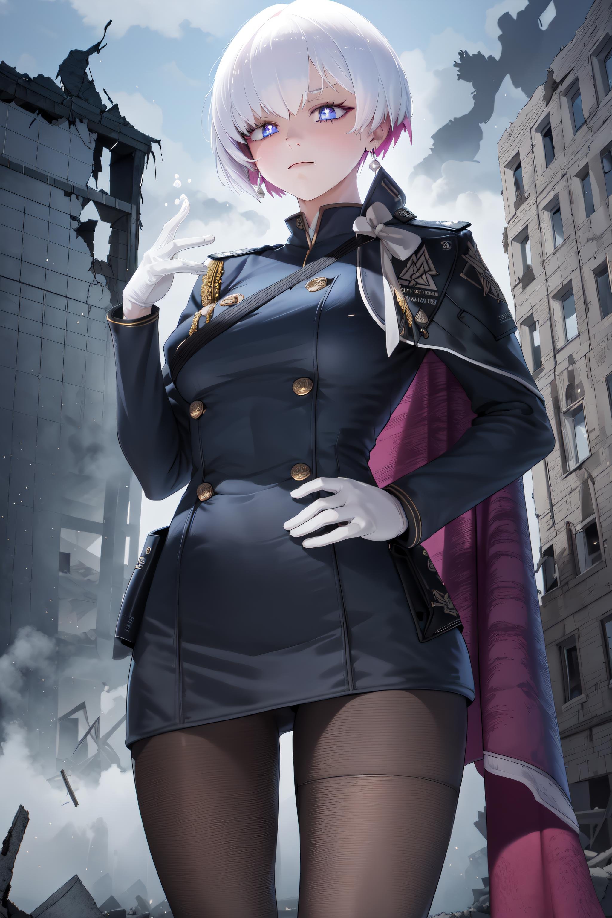 <lora:LiliweissV2-000024:0.8> masterpiece, best quality, liliweissx, earrings, military uniform, cape, black dress, pantyhose, white gloves, ;3, looking at viewer, destroyed building, soft particles, mist, ashes, dark, nightmare, backlighting, dramatic lighting, hand on hip