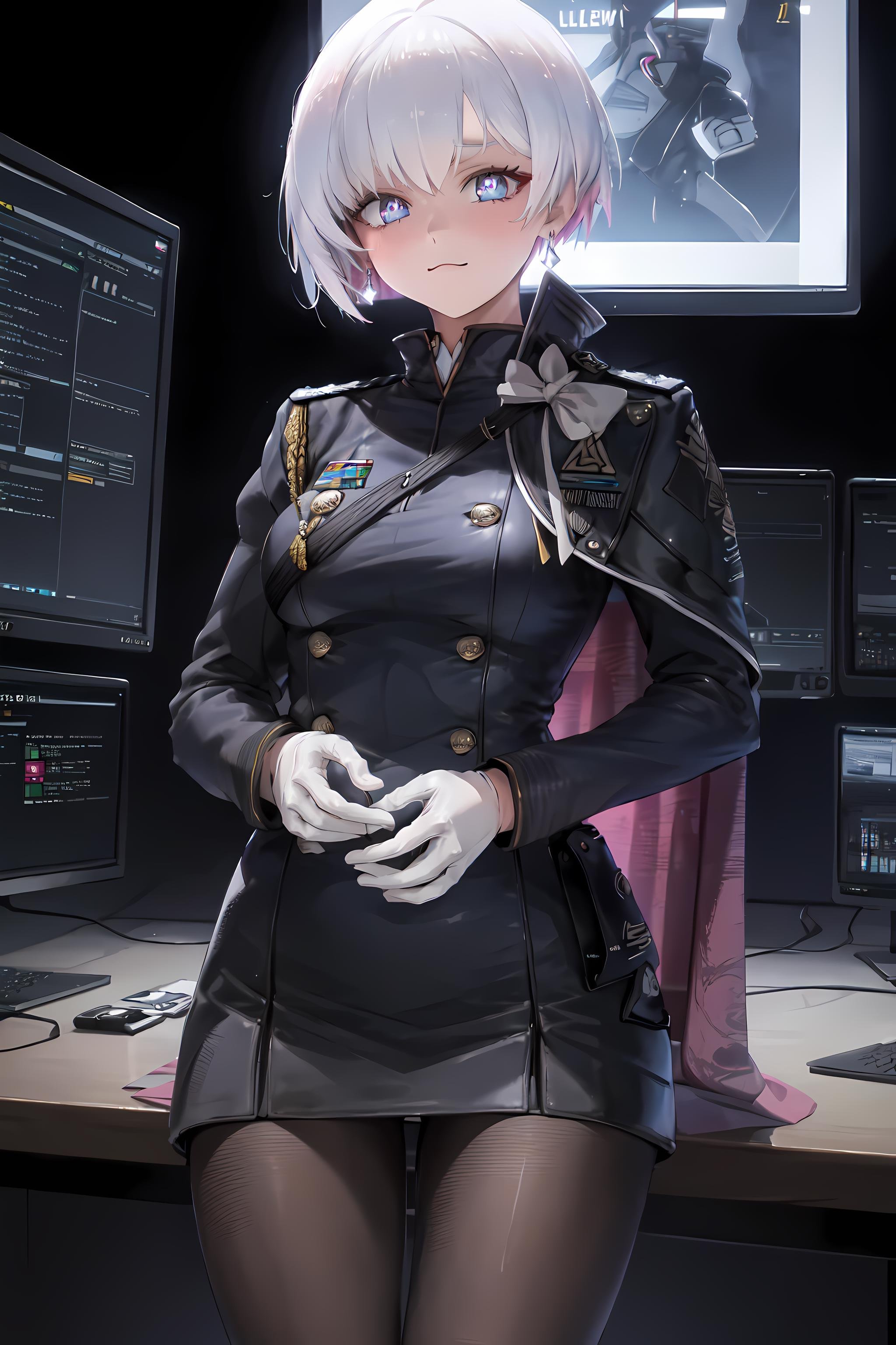 <lora:LiliweissV2-000024:0.7> (masterpiece, best quality), (liliweissx), earrings, military uniform, cape, black dress, pantyhose, white gloves, ;3, tech, command center, looking at viewer