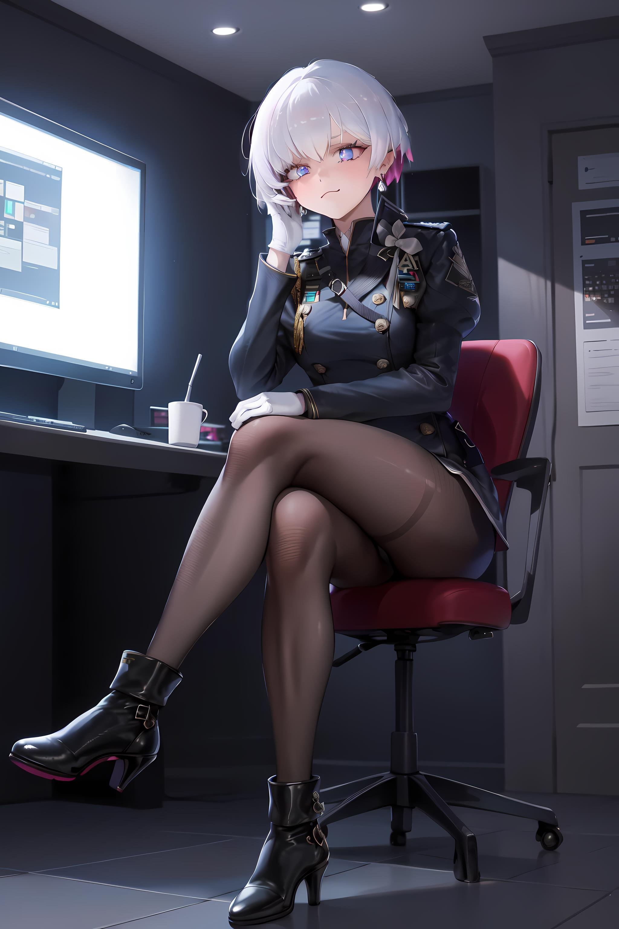 <lora:LiliweissV2-000024:0.8> (masterpiece, best quality), liliweissx, earrings, military uniform, black dress, pantyhose, white gloves, high heel boots, ;3, tech, command center, computer, looking at viewer, sitting, crossed legs, dark, backlighting, dramatic lighting, hand on own face