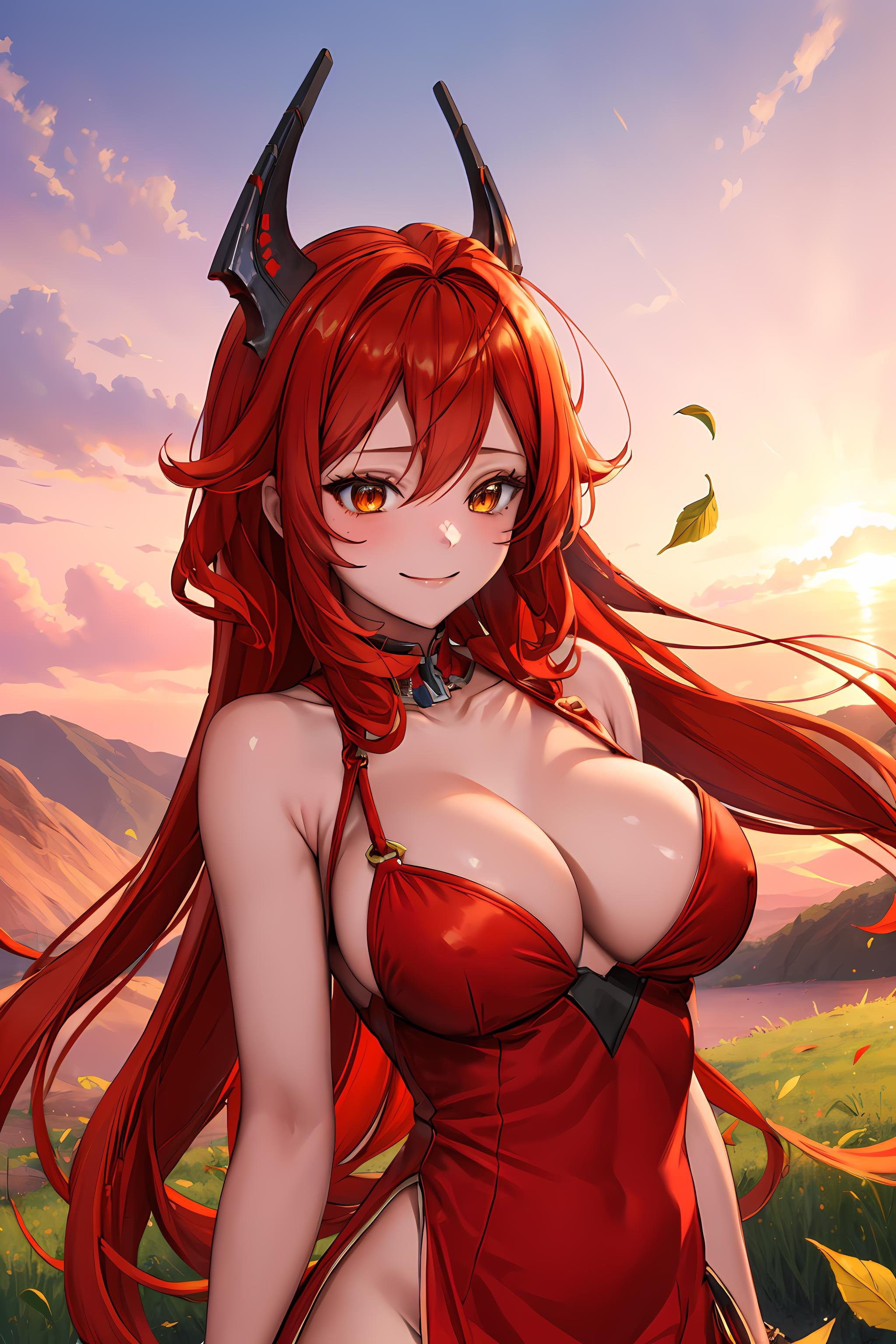 <lora:RedHoodV13:0.8> masterpiece, best quality, 1girl, redhoodx, very long hair, mechanical horns, smile, closed mouth, red dress, fantasy landscape, leaves, soft particles, sunset