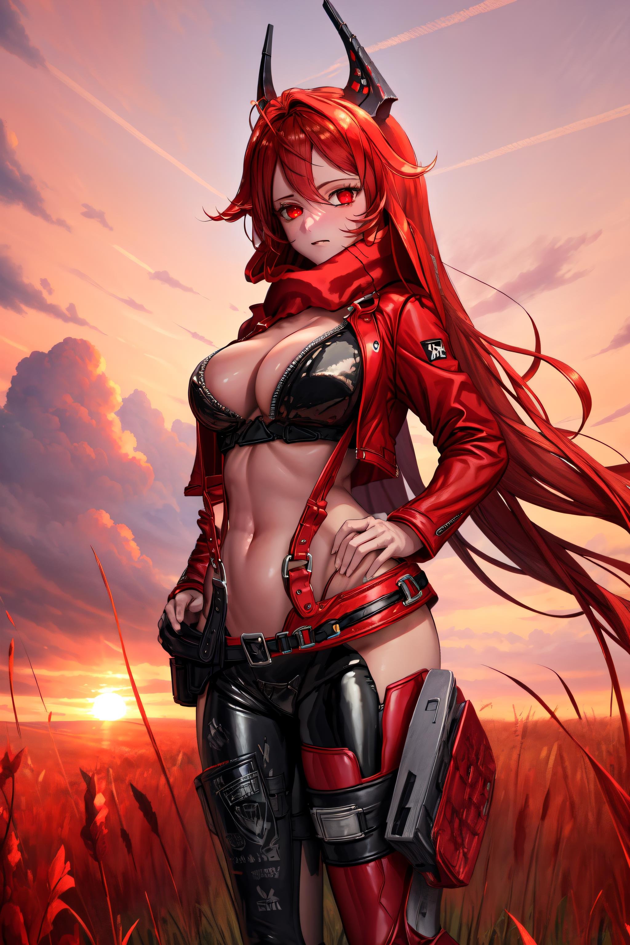 <lora:RedHoodV13:0.85> (masterpiece, best quality:1.2), redhoodx, very long hair, mechanical horns, red jacket, cropped jacket, red scarf, suspenders, unzipped bodysuit, cleavage, [fingerless gloves::0.5], black pants, soft particles, fantasy landscape, leaves, red grass, sunset, worried, red eyes, looking at viewer