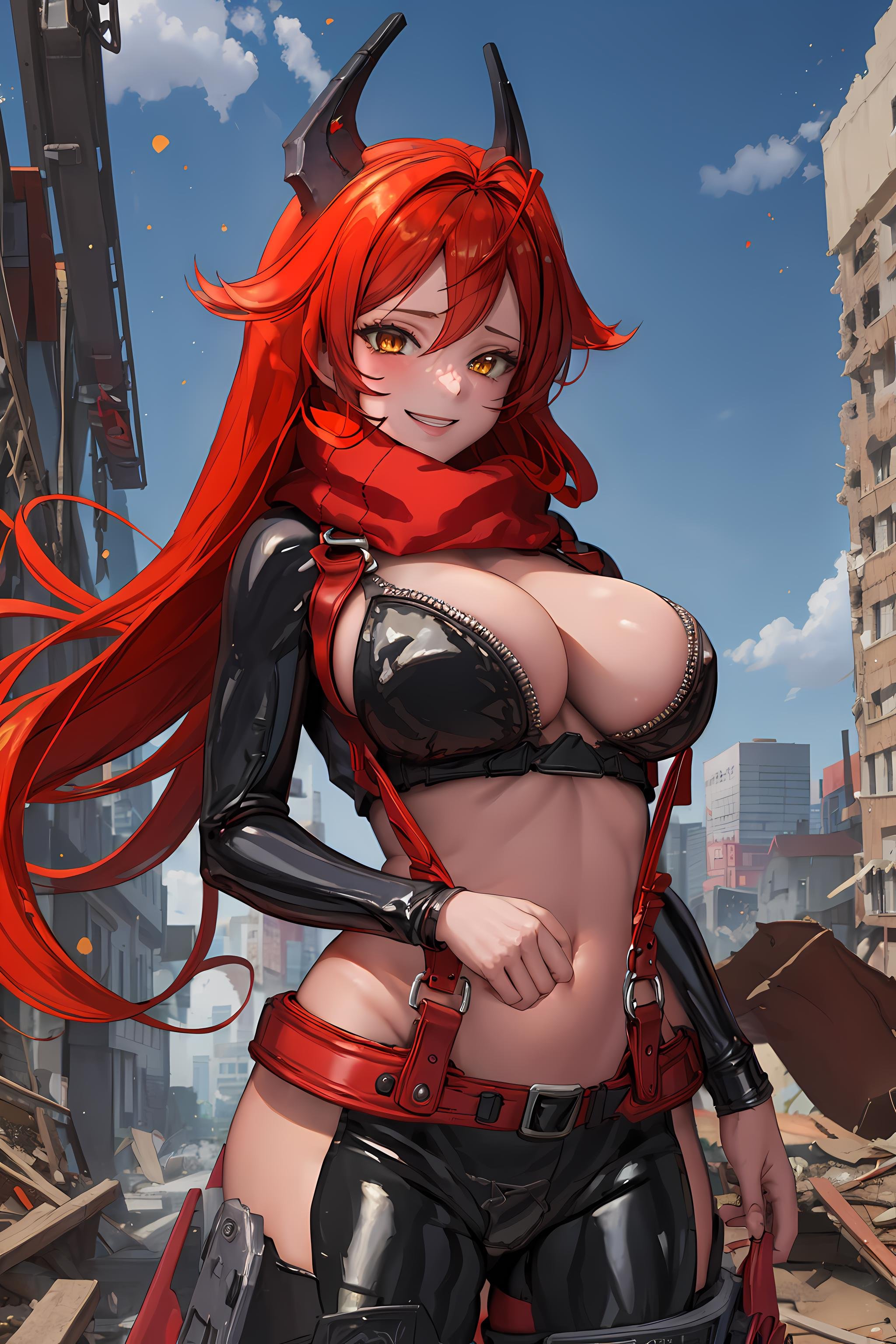 <lora:RedHoodV13:0.8> masterpiece, best quality, 1girl, redhoodx, very long hair, mechanical horns, smile, bodysuit, suspenders, black pants, red scarf, cleavage, destroyed building, ashes, soft particles, cityscape