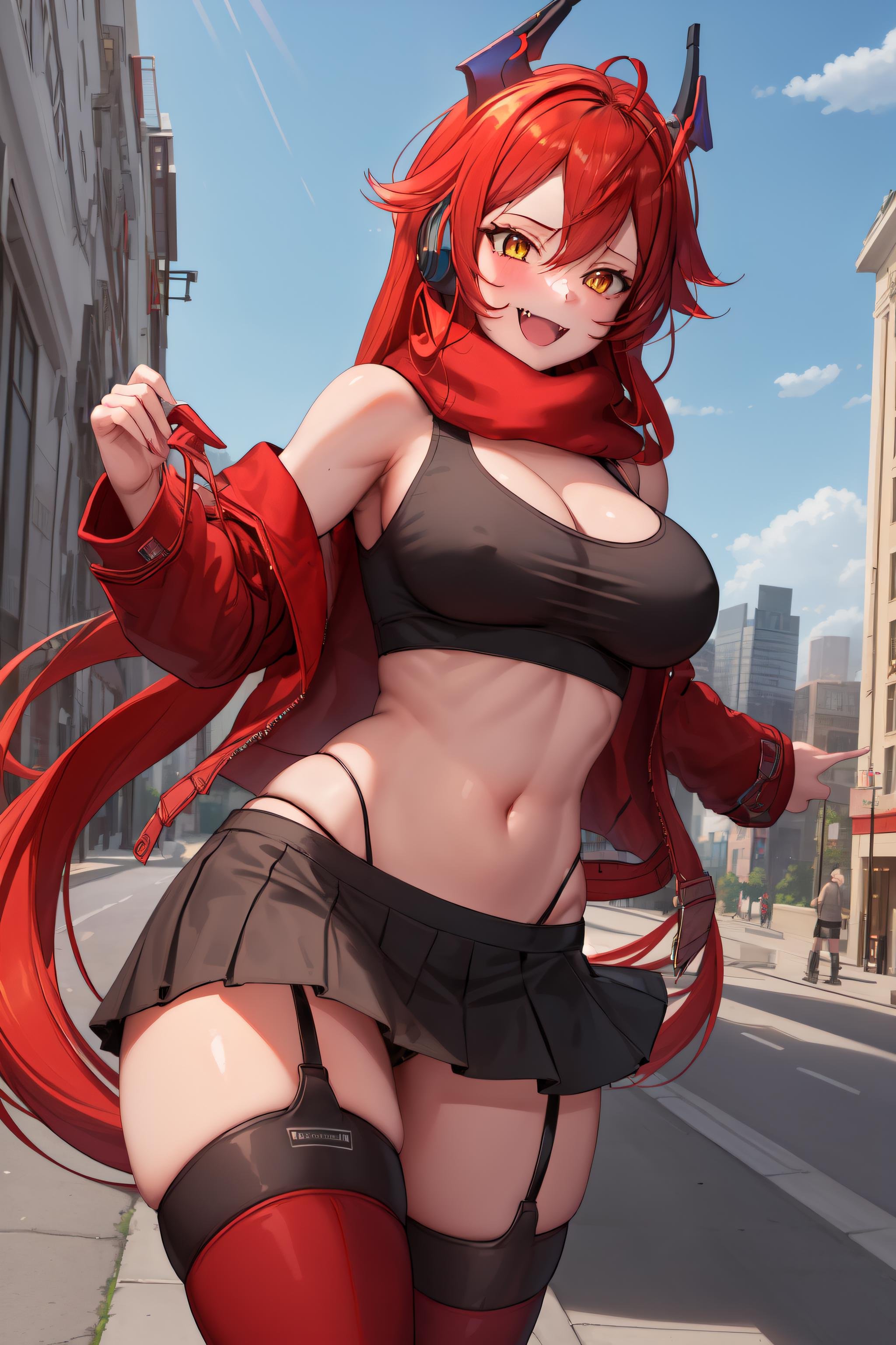 <lora:RedHoodV13:0.8> masterpiece, best quality, 1girl, solo, (redhoodx:1.2), very long hair, mechanical horns, smile, teeth, skin fang, red scarf, tank top, jacket over shoulders, large breasts, navel, skirt, thighhighs, city, sky, headphones