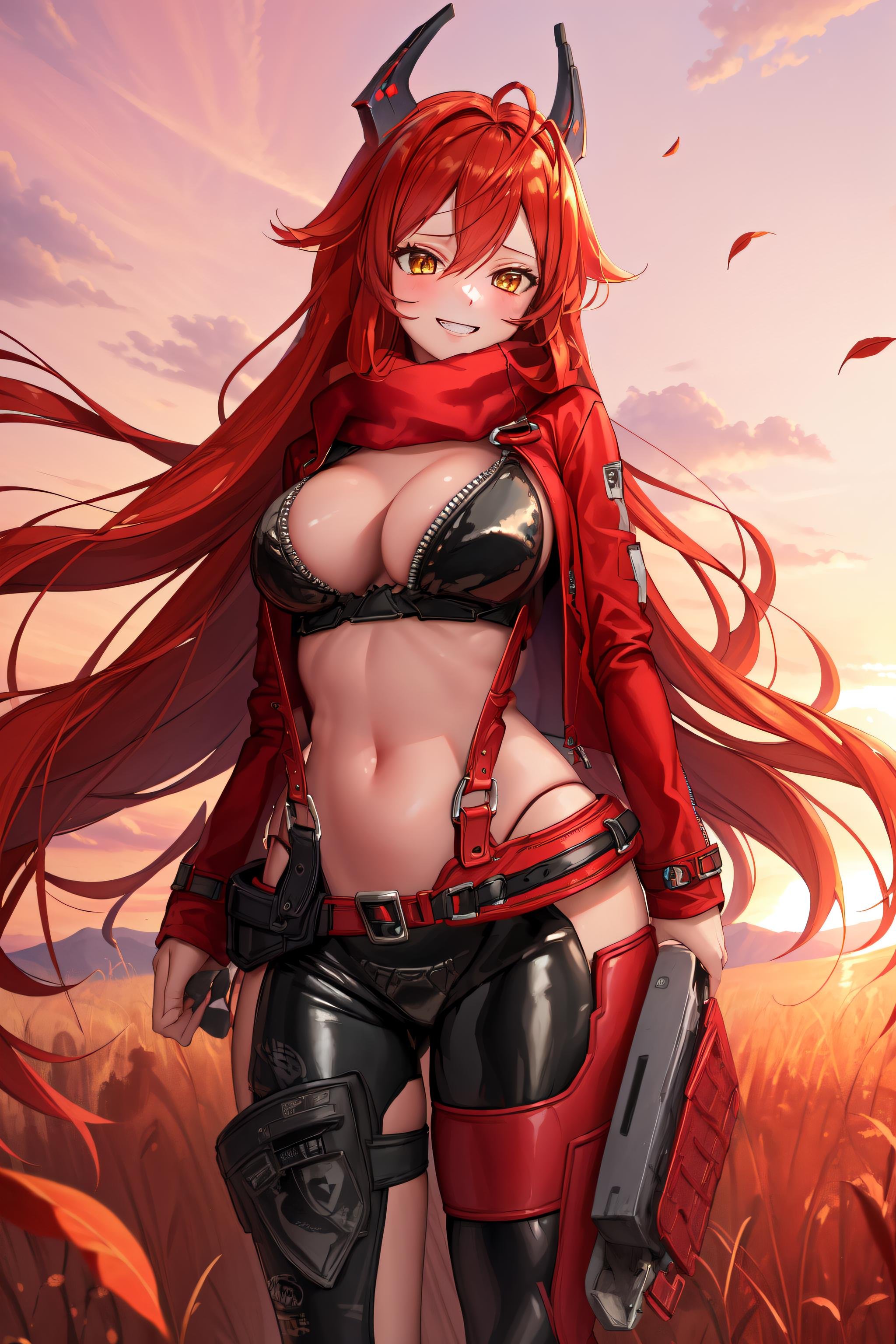 <lora:RedHoodV13:0.8> masterpiece, best quality, 1girl, redhoodx, very long hair, mechanical horns, smile, bodysuit, red jacket, cropped jacket, suspenders, black pants, red scarf, fantasy landscape, sunset, red grass, leaves