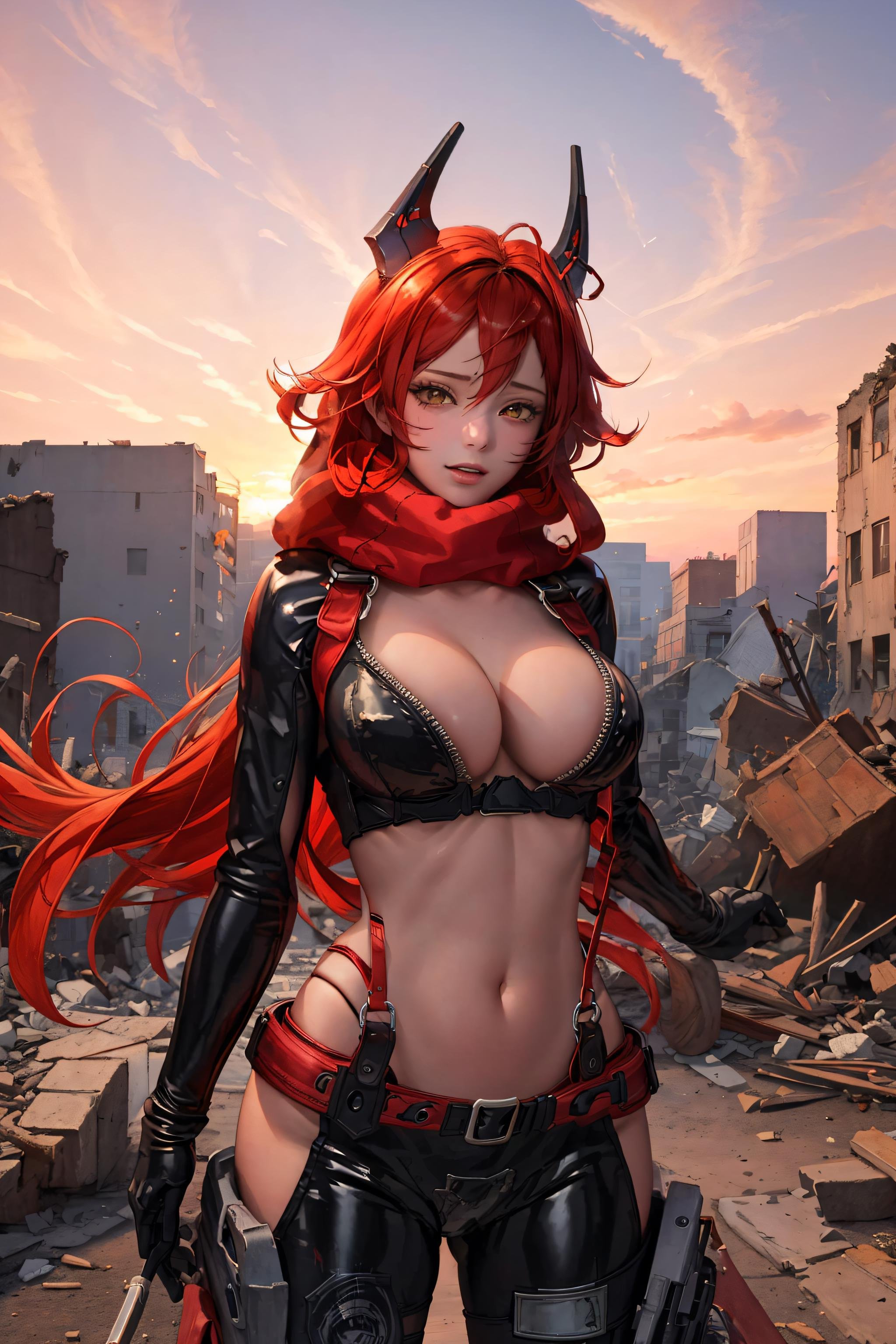 <lora:RedHoodV13:0.8> (masterpiece, best quality), 1girl, solo, (redhoodx), very long hair, mechanical horns, red scarf, unzipped bodysuit, cleavage, black pants, sky, destroyed building, destroyed building, ashes, soft particles, cityscape, wind, sunset, official art, unity 8k wallpaper, ultra detailed