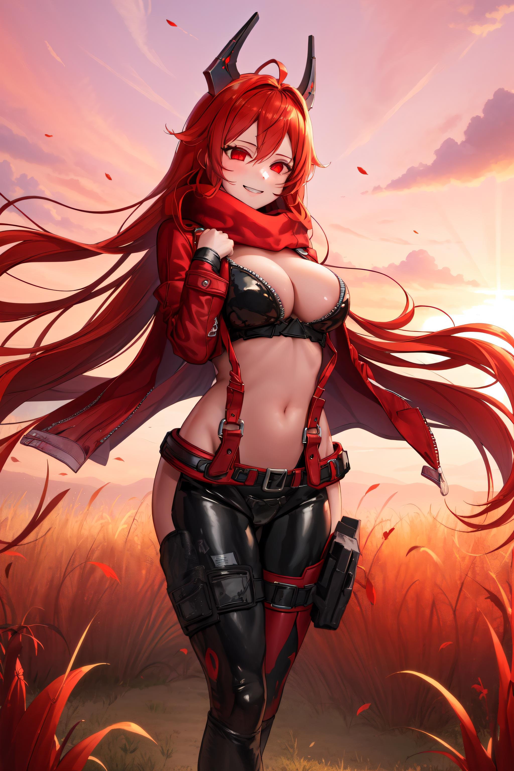 <lora:RedHoodV13:0.8> masterpiece, best quality, 1girl, redhoodx, very long hair, mechanical horns, smile, bodysuit, red jacket, cropped jacket, suspenders, black pants, red scarf, fantasy landscape, sunset, red grass, leaves, red eyes