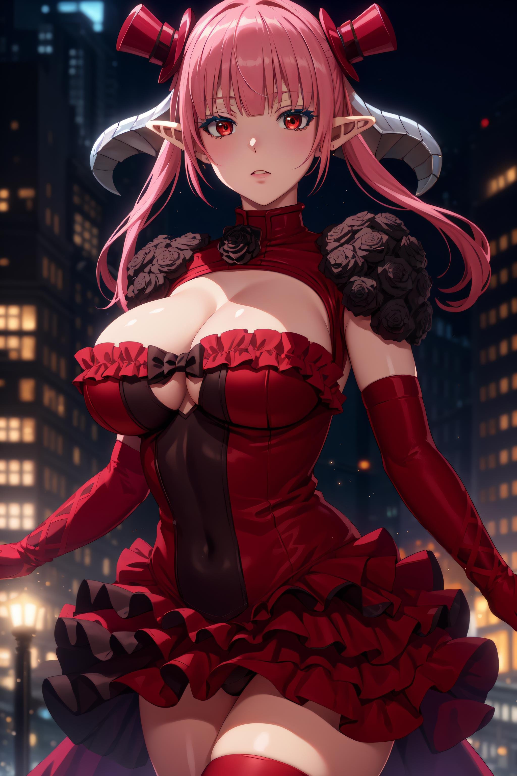 <lora:AstarothV70-000020:0.8> masterpiece, best quality, astarothx, twintails, low horns, frilled dress, black rose, shoulder pads, red elbow gloves, fingerless gloves, mini top hat, thighhighs,  large breasts, city, dark, backlighting, dramatic lighting, cowboy shot