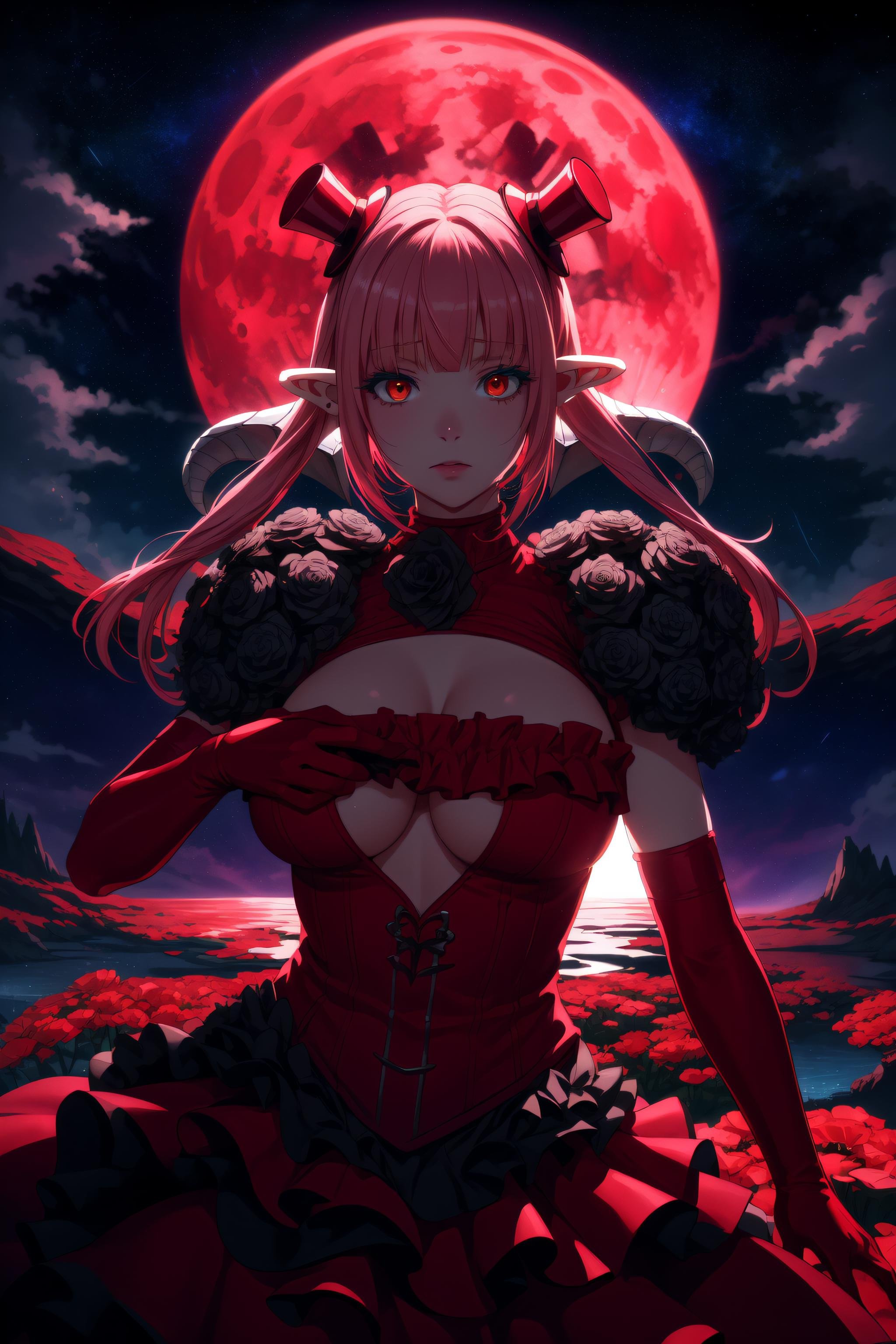 <lora:AstarothV70-000020:0.8>  masterpiece, best quality, astarothx, twintails, low horns, frilled dress, black rose, shoulder pads, red elbow gloves, mini top hat, large breasts, fantasy landscape, magical swirls,  nightmare, dark, backlighting, starry sky, soft particles, looking at viewer, full moon, red moon, glowing, waterfall, flower, dramatic lighting