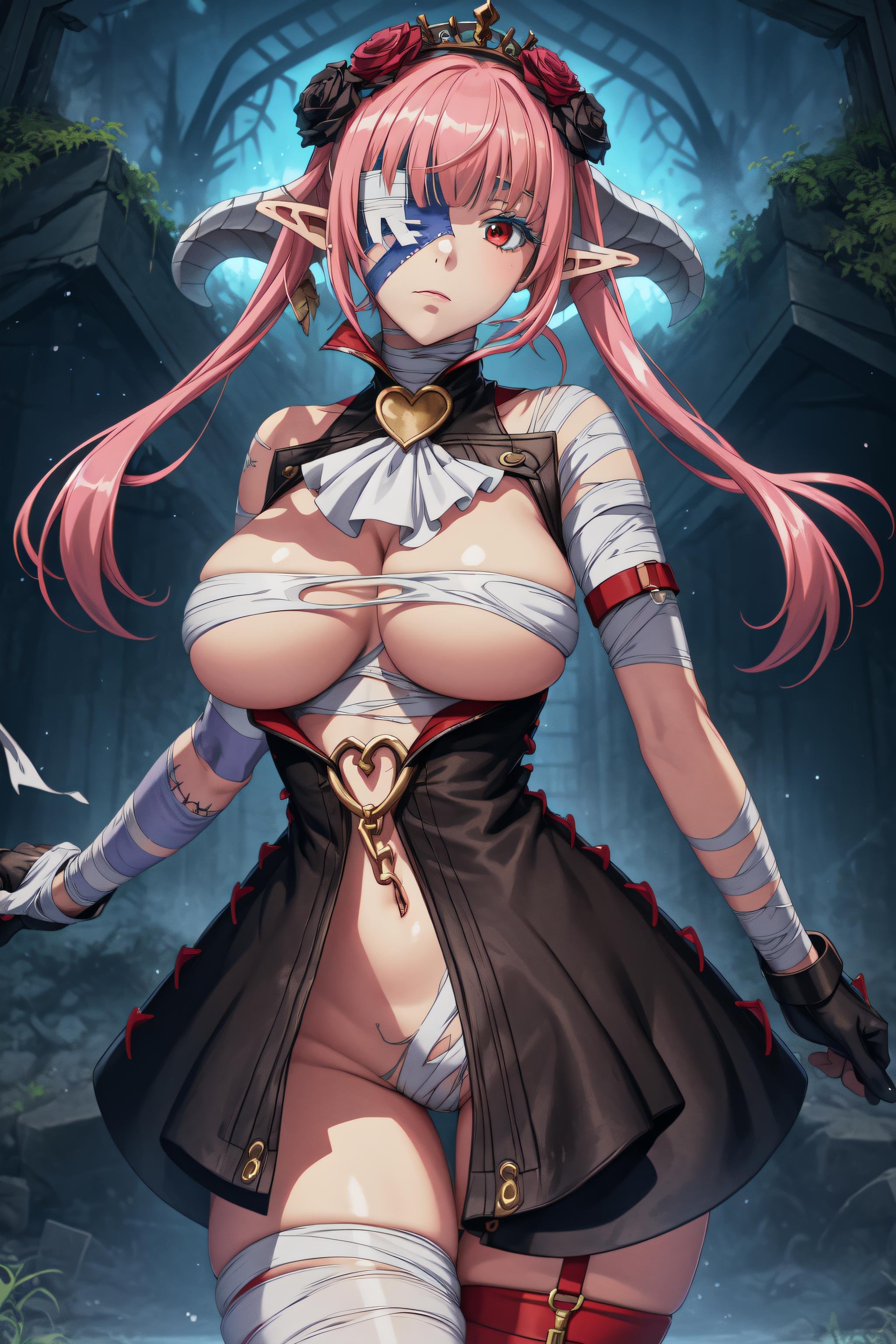 <lora:AstarothV70-000020:0.85>  masterpiece, best quality, astarothx, twintails, low horns, black coat, ascot, stitches, patchwork skin, hair flower, naked bandage, bandaged head, bandage over one eye, large breasts, arms at sides, scenery, ruins, crypt, overgrown, mysterious, mist, soft particles, expressionless, backlighting, dim lighting, anime