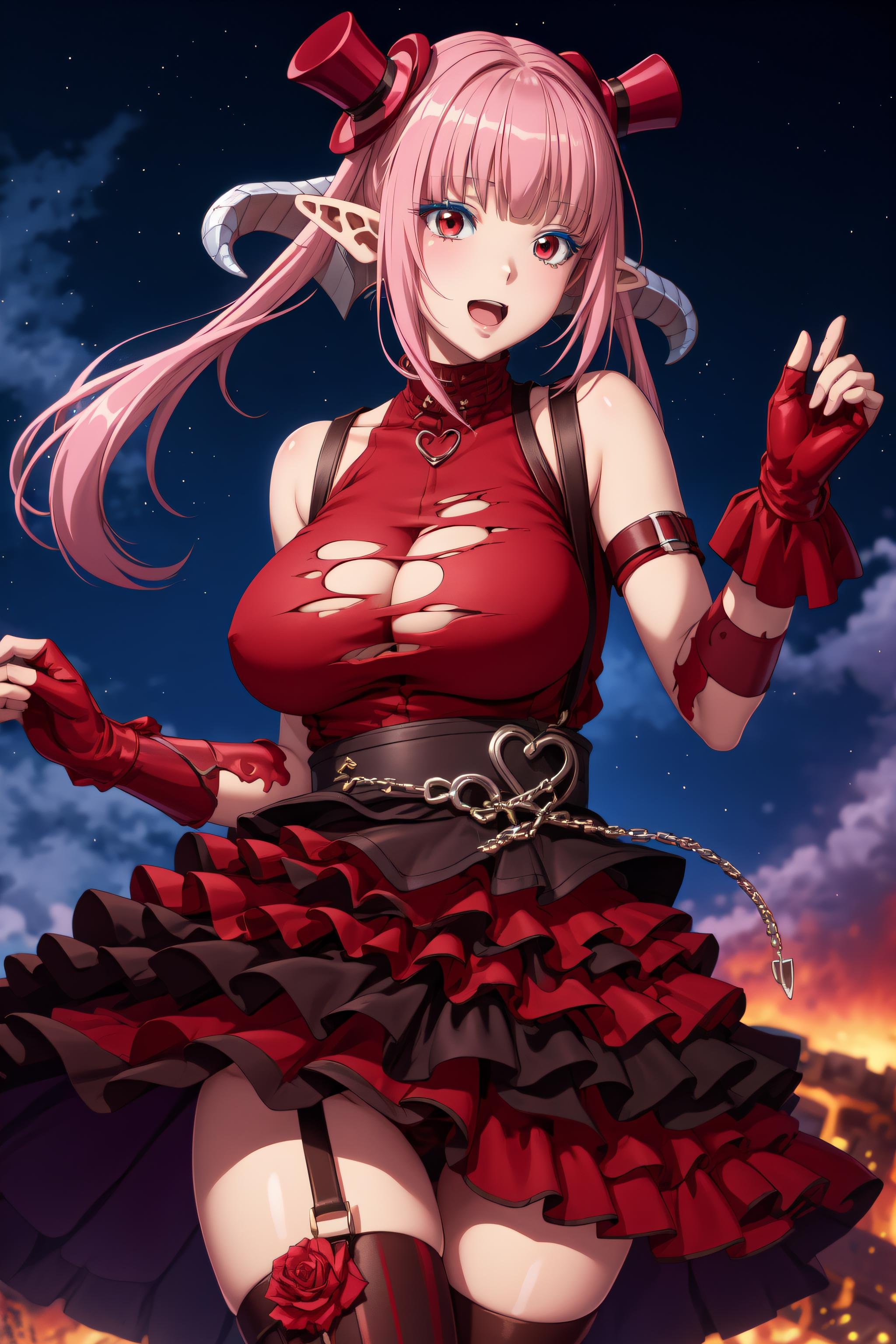 <lora:AstarothV70-000020:0.8> masterpiece, best quality, astarothx, twintails, low horns, red torn shirt, frilled skirt, petticoat, bare shoulders, mini hat, suspenders, vertical-striped thighhighs, belt boots, large breasts, sky, smile, open mouth, anime