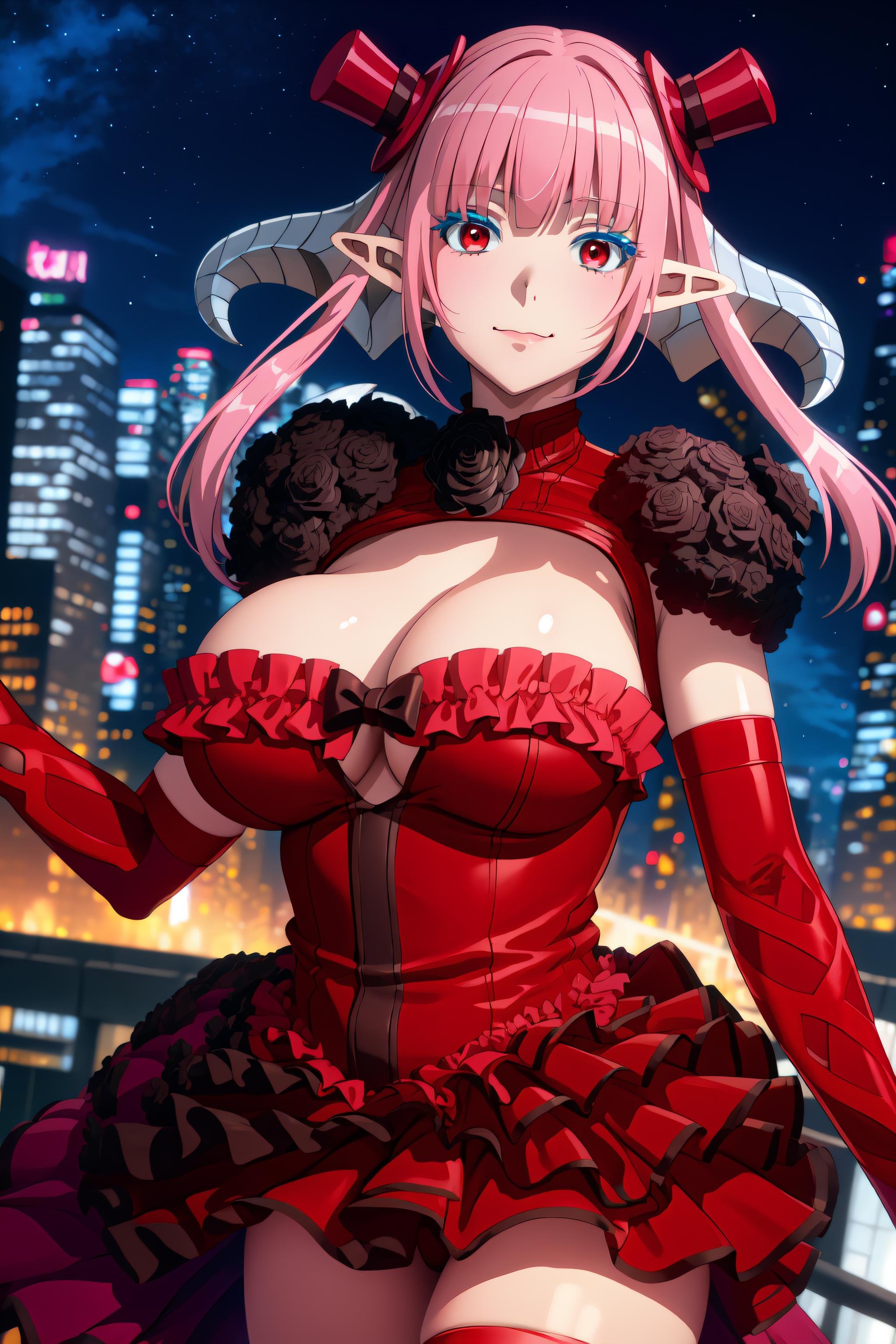 <lora:AstarothV70-000020:1> masterpiece, best quality, astarothx, twintails, low horns, frilled dress, black rose, shoulder pads, red elbow gloves, fingerless gloves, mini top hat, thighhighs, large breasts, city, cityscape, sky, smile, closed mouth, anime