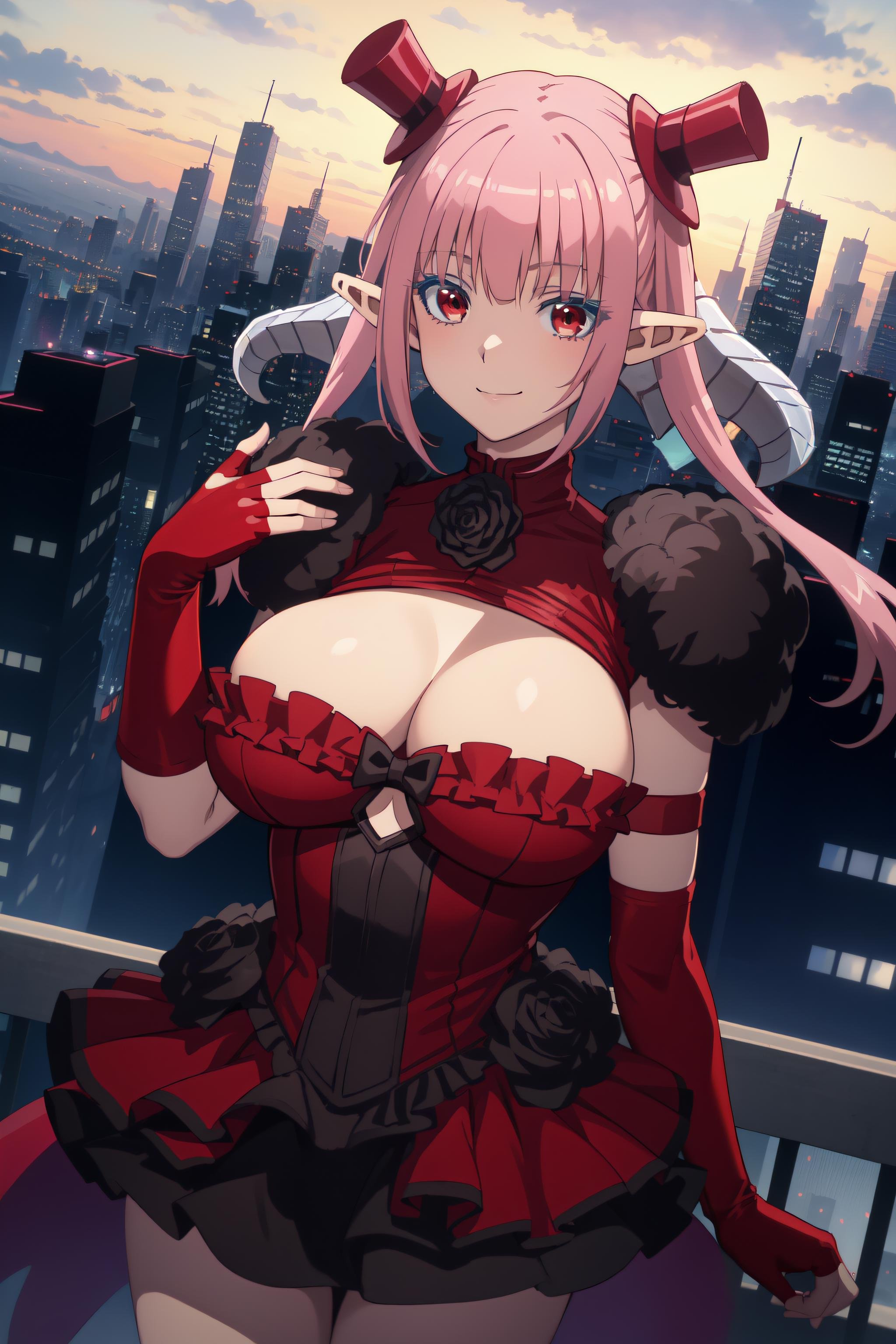 <lora:AstarothV70-000020:0.8> masterpiece, best quality, astarothx, twintails, low horns, frilled dress, black rose, shoulder pads, red elbow gloves, fingerless gloves, mini top hat, large breasts, anime, cityscape, smile, closed mouth