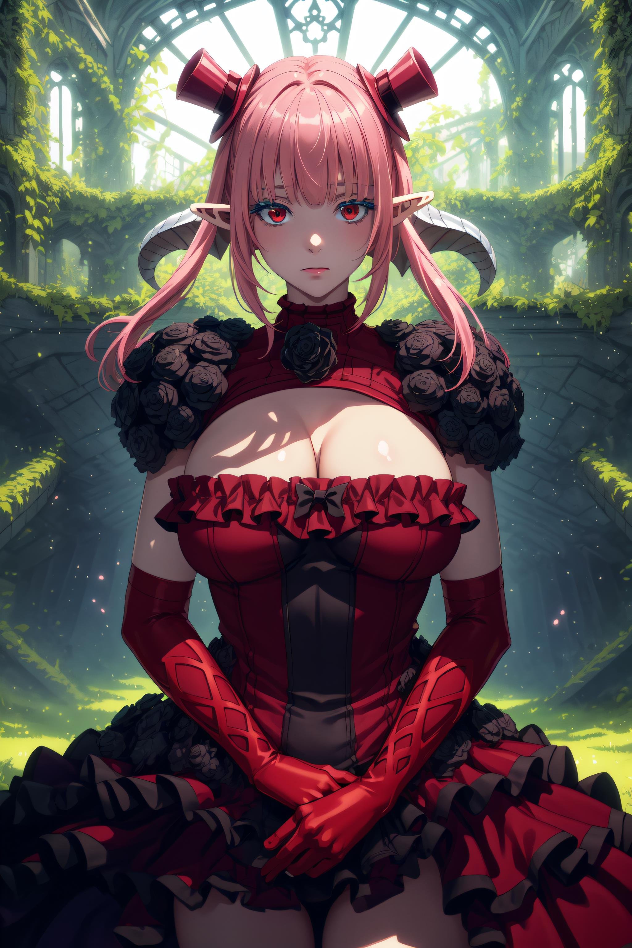 <lora:AstarothV70-000020:0.9>  masterpiece, best quality, astarothx, twintails, low horns, frilled dress, black rose, shoulder pads, mini top hat, red elbow gloves, large breasts, scenery, ruins, vines, overgrown, mysterious, rim lighting, soft particles, glowing, backlighting