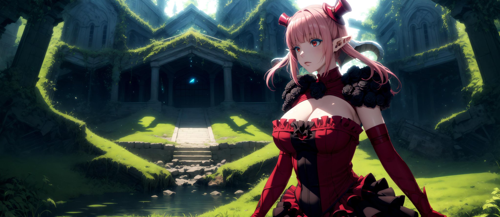 <lora:AstarothV70-000020:0.9>  masterpiece, best quality, astarothx, twintails, low horns, frilled dress, black rose, shoulder pads, mini top hat, red elbow gloves, large breasts, scenery, ruins, vines, overgrown, mysterious, rim lighting, soft particles, glowing, backlighting