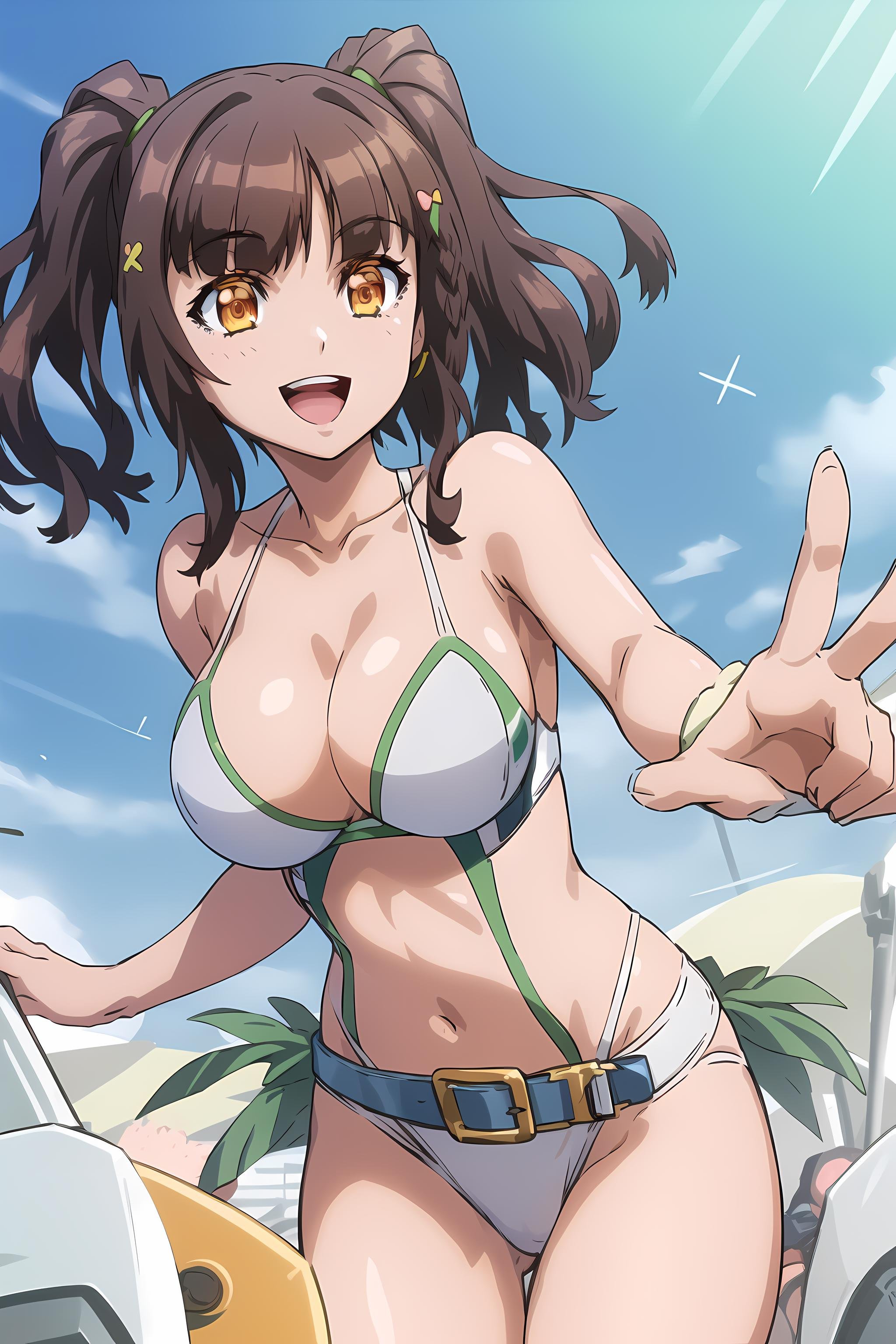 (masterpiece, best quality, highly detailed), solo, 1girl, raphael, twintails, raphaelswimsuit, white swimsuit, white bikini, green belt, smile, open mouth, beach <lyco:RaphaelV3:0.8>