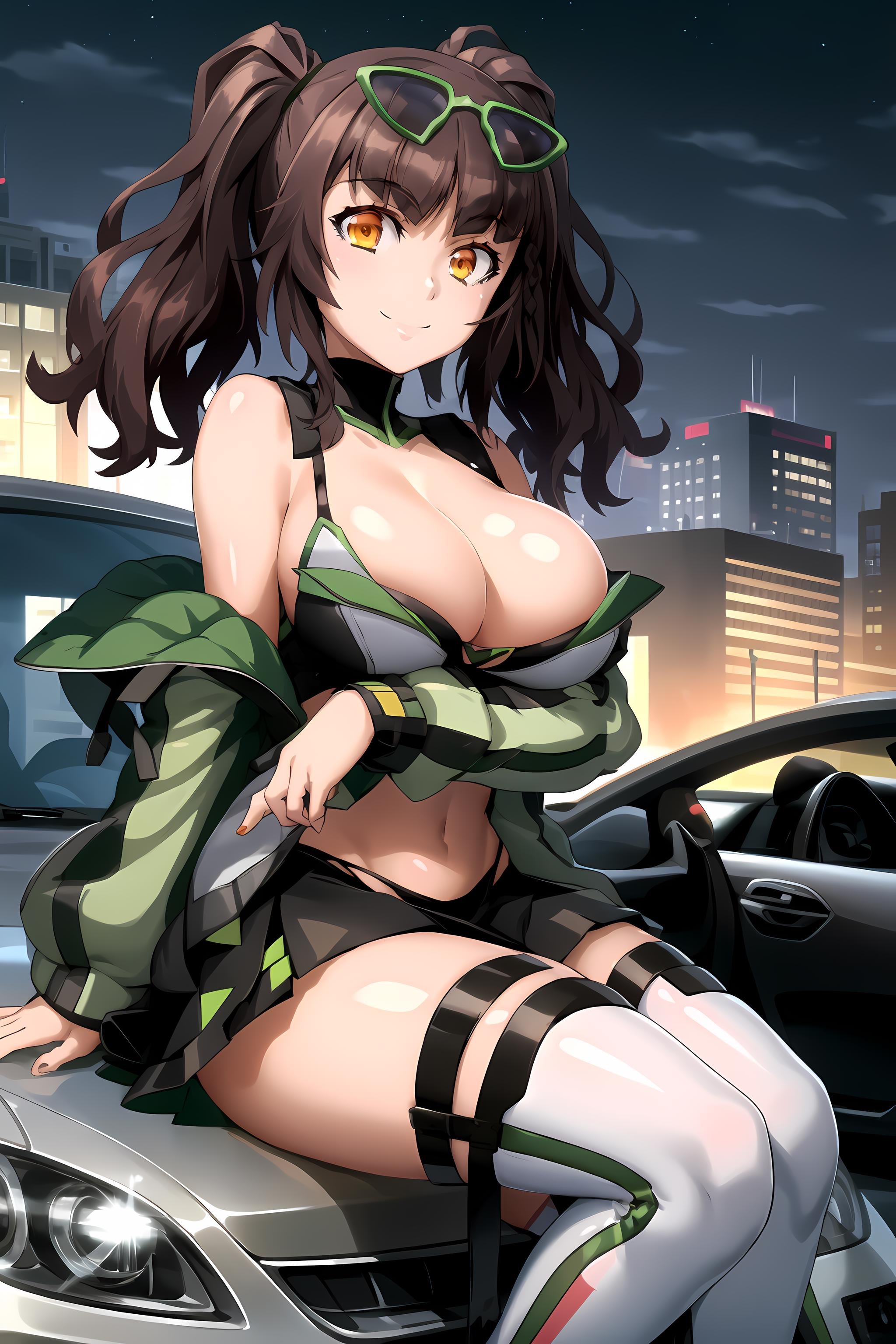 solo, 1girl, raphael, twintails, raphaelspeed, green jacket, black skirt, midriff, bare shoulders, between breasts, thigh boots, eyewear on head, smile, sitting, car, night, from side <lyco:RaphaelV3:0.8>