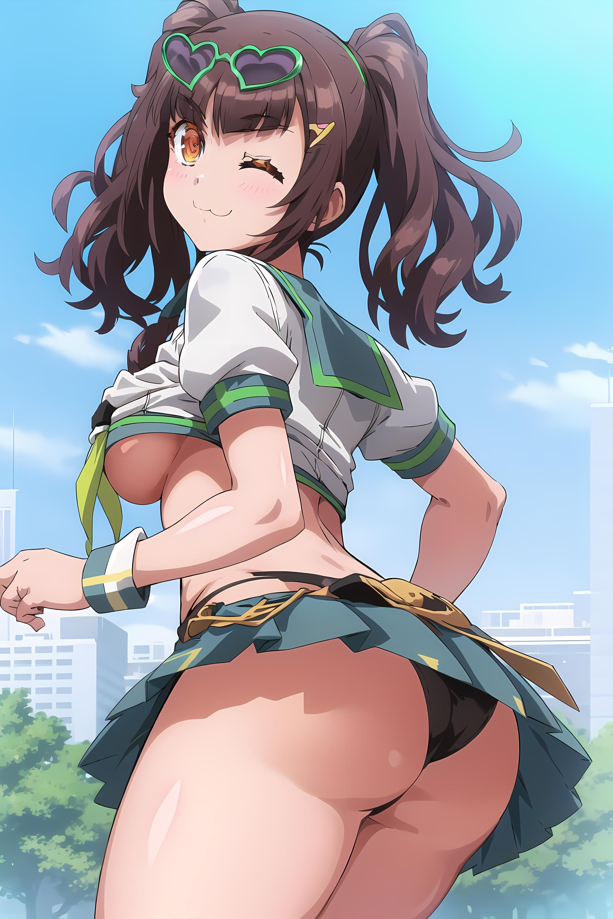 solo, 1girl, raphael, twintails, raphaeloutfit, school uniform, skirt, underboob, eyewear on head, upskirt, ;3, one eye closed, looking back, outdoors, sky <lyco:RaphaelV3:0.8>