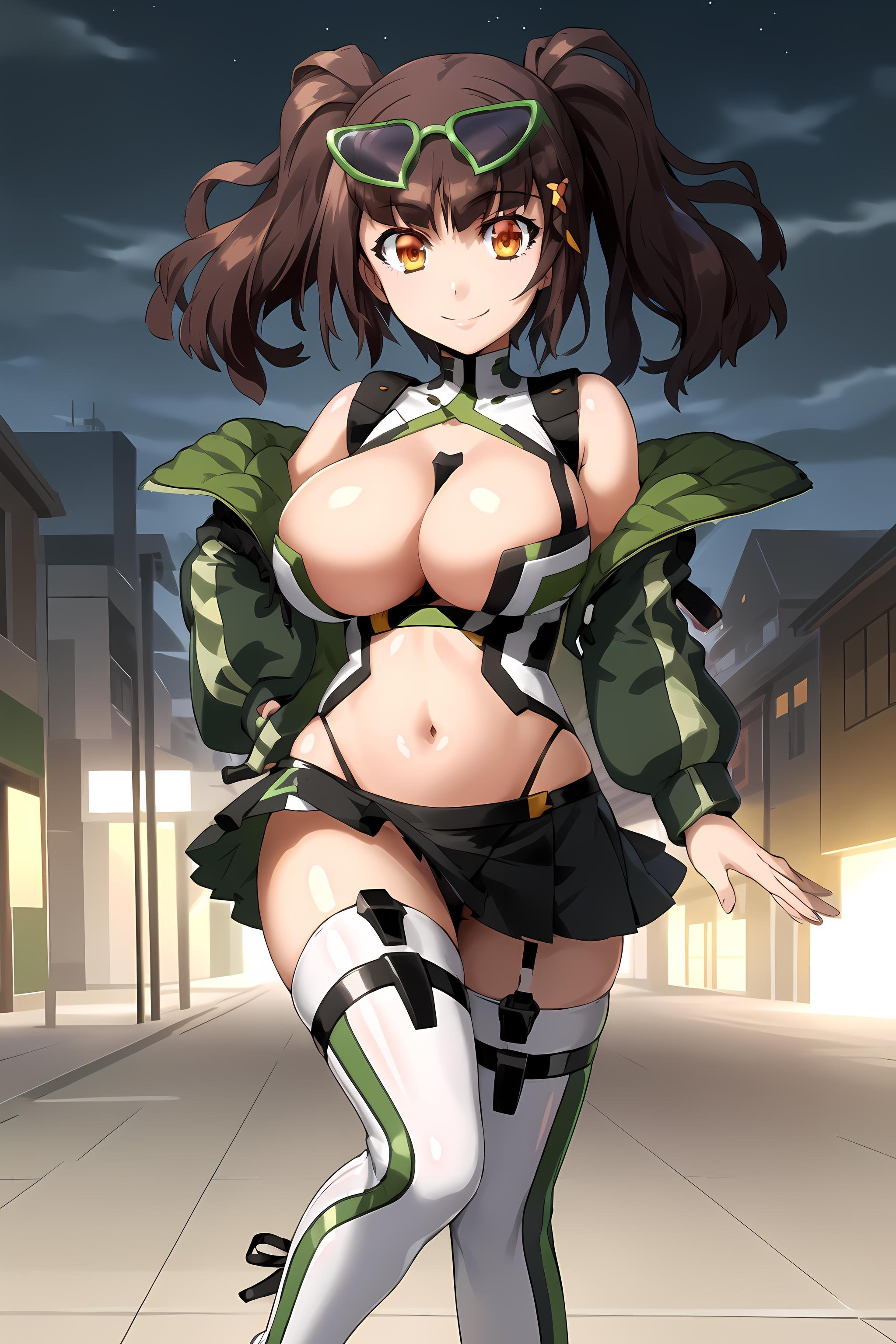 solo, 1girl, raphael, twintails, raphaelspeed, green jacket, black skirt, midriff, bare shoulders, between breasts, thigh boots, eyewear on head, smile, night <lyco:RaphaelV3:0.8>