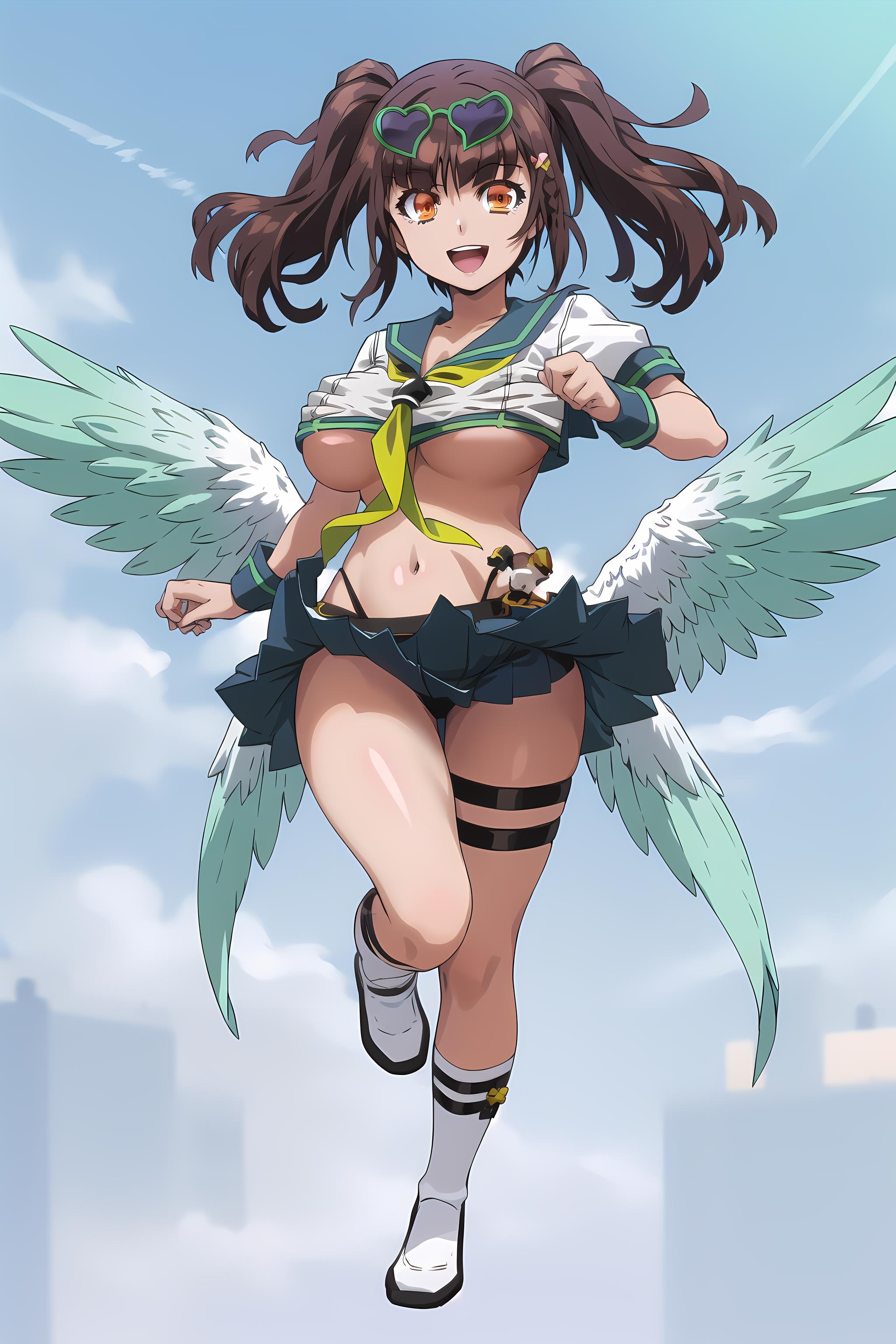 solo, 1girl, raphael, twintails, raphaeloutfit, school uniform, skirt, underboob, midriff, eyewear on head, white socks, full body, smile, open mouth, wings, sky, flying <lyco:RaphaelV3:0.8>