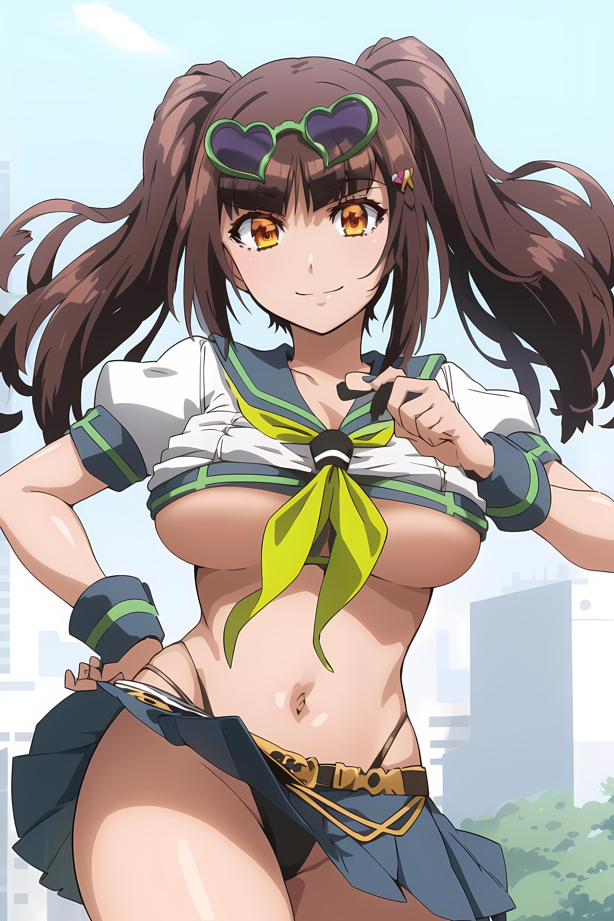 (masterpiece, best quality, highly detailed), solo, 1girl, raphael, twintails, raphaeloutfit, school uniform, skirt, underboob, midriff, eyewear on head, smile, sky <lyco:RaphaelV3:0.8>