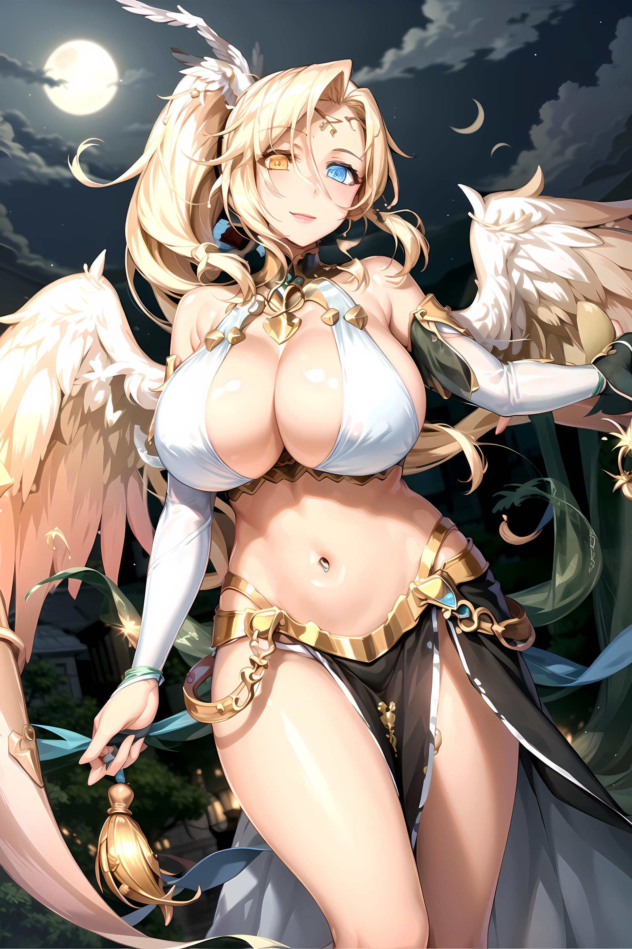 sariel, heterochromia,  (huge breasts:1.2), wings, sarieldance, dance veil, ponytail, sideskirt, see-through, pelvic curtain, dramatic lighting, smile, night, moon, fantasy landscape <lyco:SarielV15:0.8>