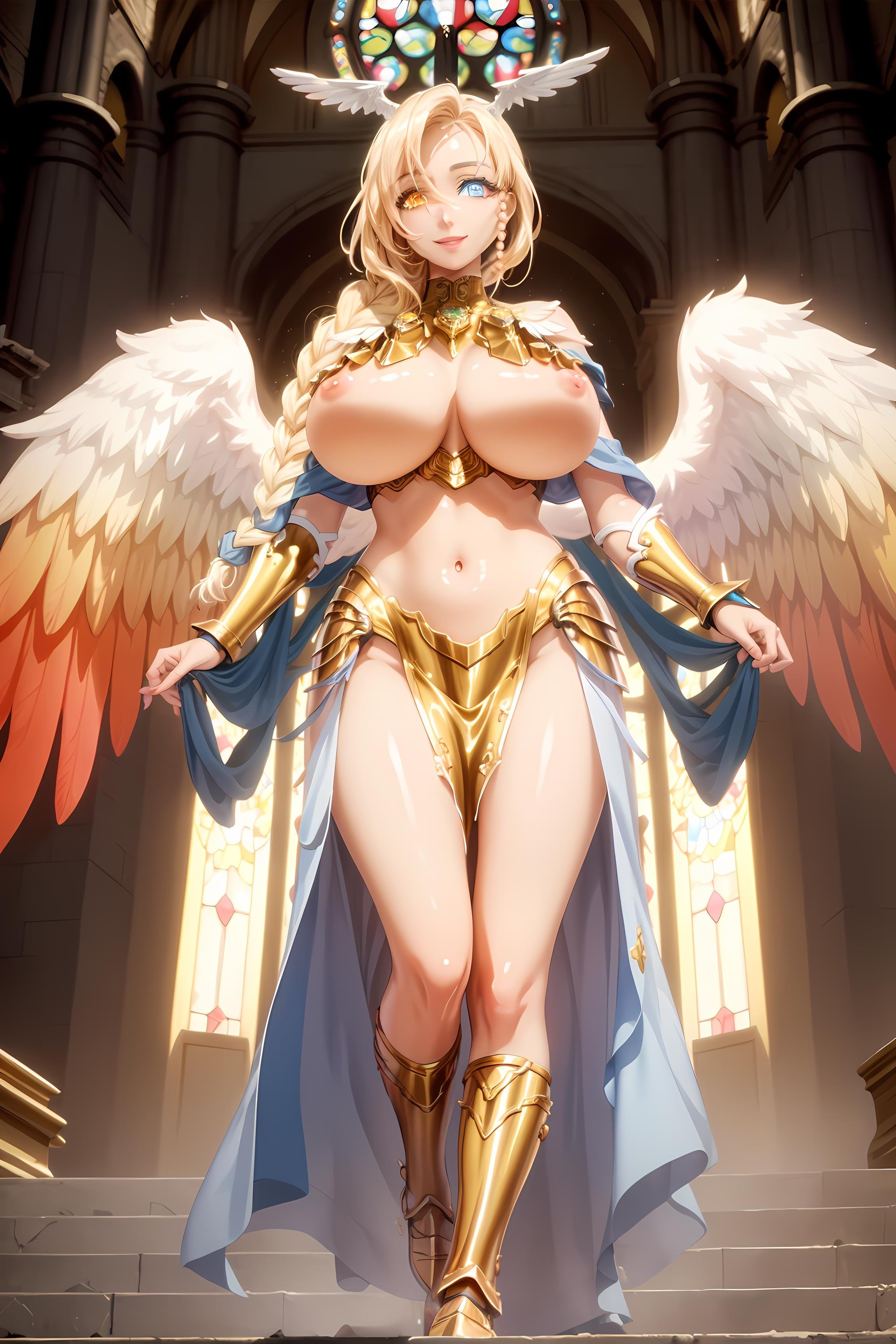 (masterpiece, best quality:1.2), sariel, heterochromia, huge breasts, head wings, wings, sarieloutfit, gold armor, braid, god rays, dramatic lighting, unreal engine, 8k, smile, sky, full body, vitril, stained glass, cathedral <lyco:SarielV15:0.7>