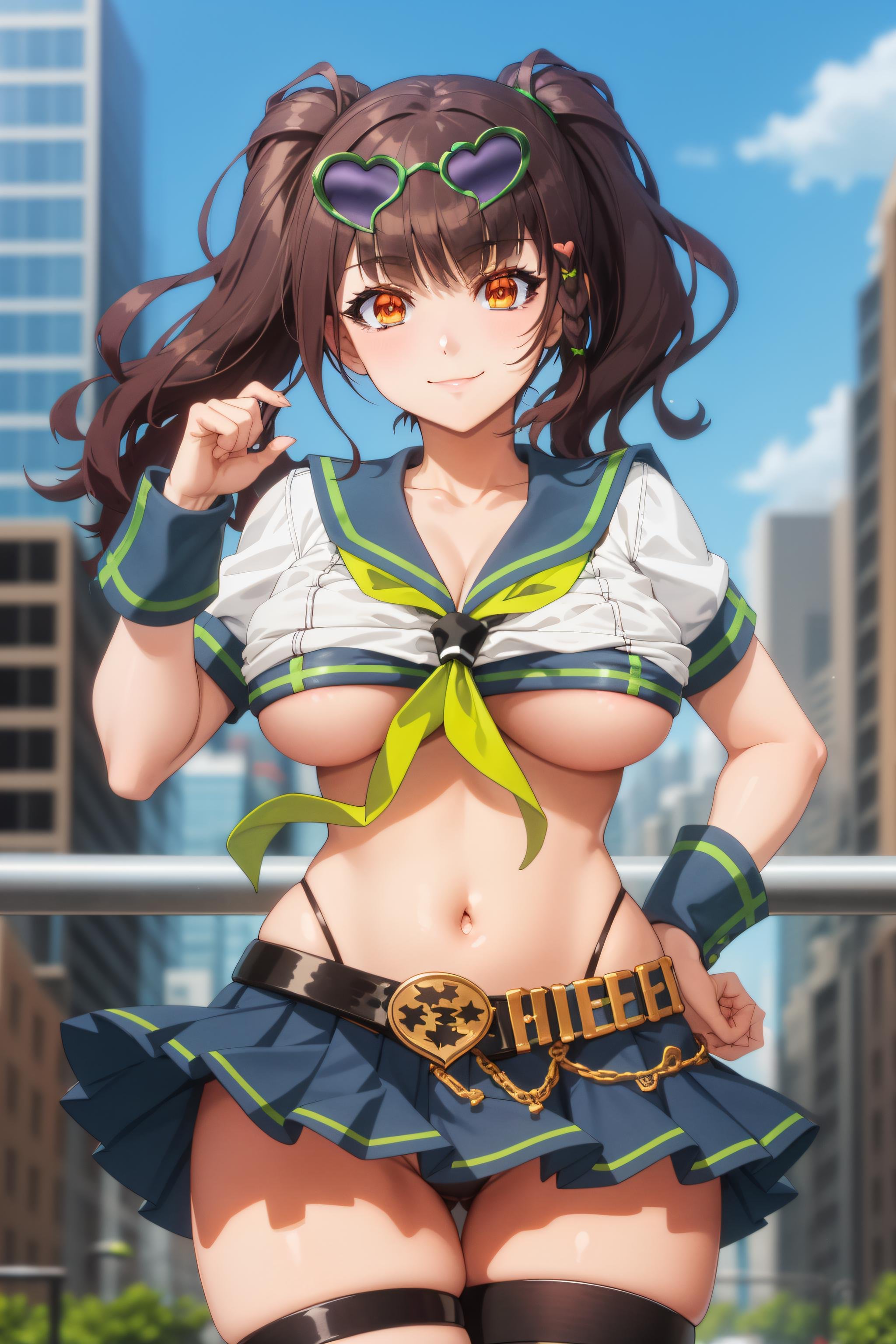 masterpiece, best quality, raphaelx, twintails, smile, serafuku, pleated skirt, underboob, black belt, thigh strap, wristband, heart-shaped eyewear, cityscape <lora:RaphaelV20-000020:0.8>