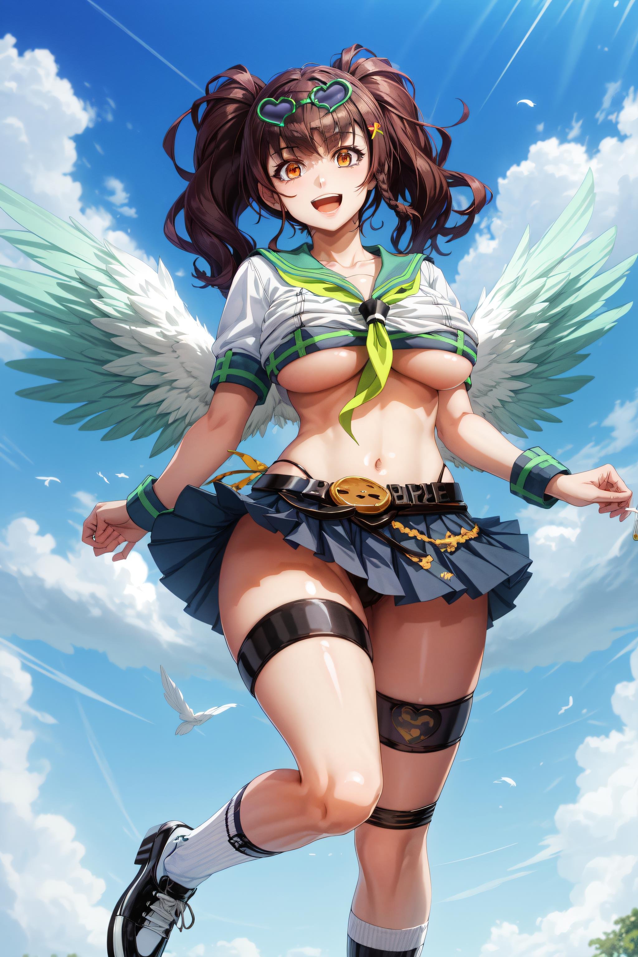 masterpiece, best quality, raphaelx, twintails, smile, open mouth, serafuku, pleated skirt, underboob, black belt, thigh strap, wristband, heart-shaped eyewear, white socks, black shoes, sky, feathered wings, flying <lora:RaphaelV20-000020:0.8>