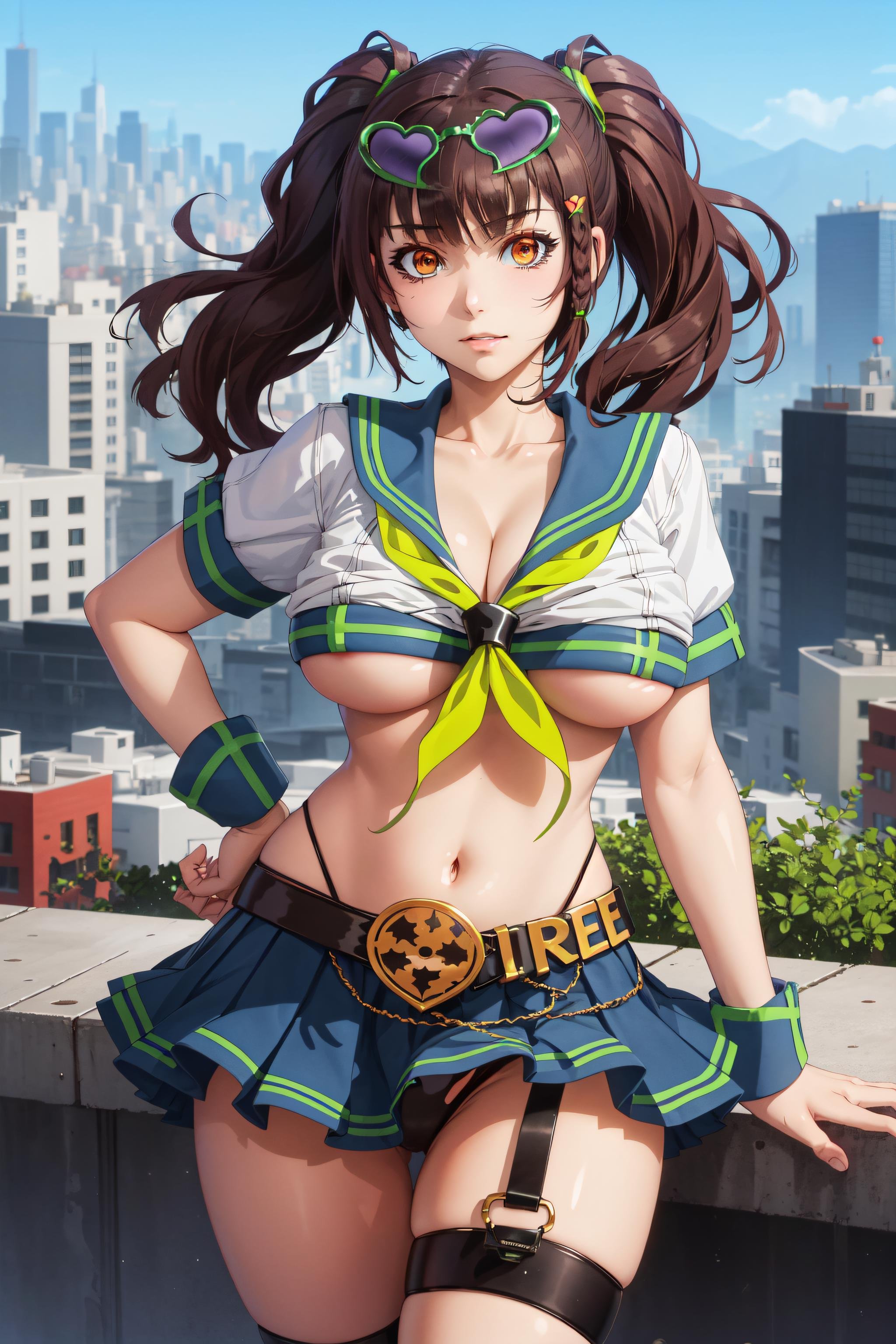 masterpiece, best quality, raphaelx, twintails, cityscape, serafuku, pleated skirt, underboob, black belt, thigh strap, wristband, heart-shaped eyewear <lora:RaphaelV20-000020:0.8>