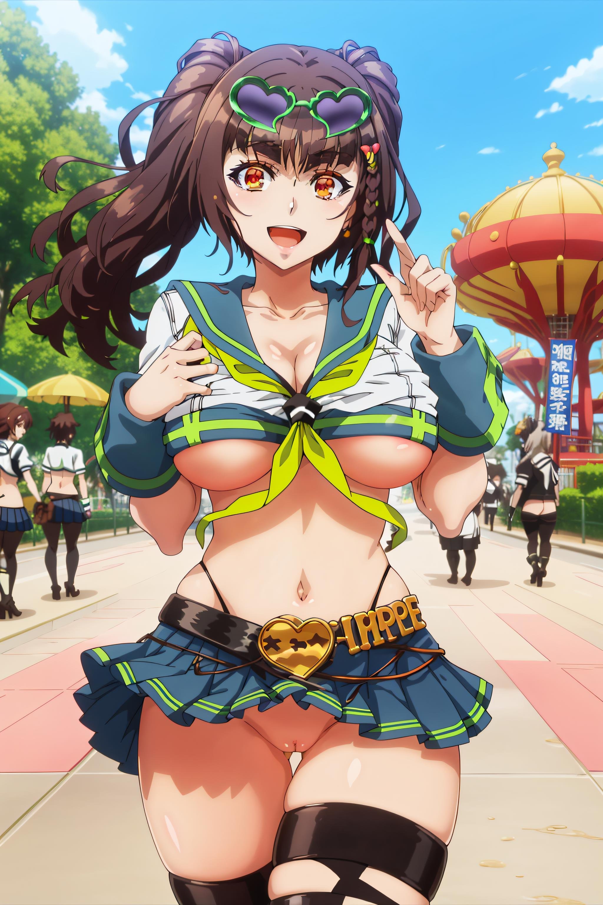 masterpiece, best quality, raphaelx, twintails, serafuku, pleated skirt, underboob, black belt, thigh strap, wristband, heart-shaped eyewear, outdoors, nsfw, smile, open mouth, anime, amusement park <lora:RaphaelV20-000020:0.9>