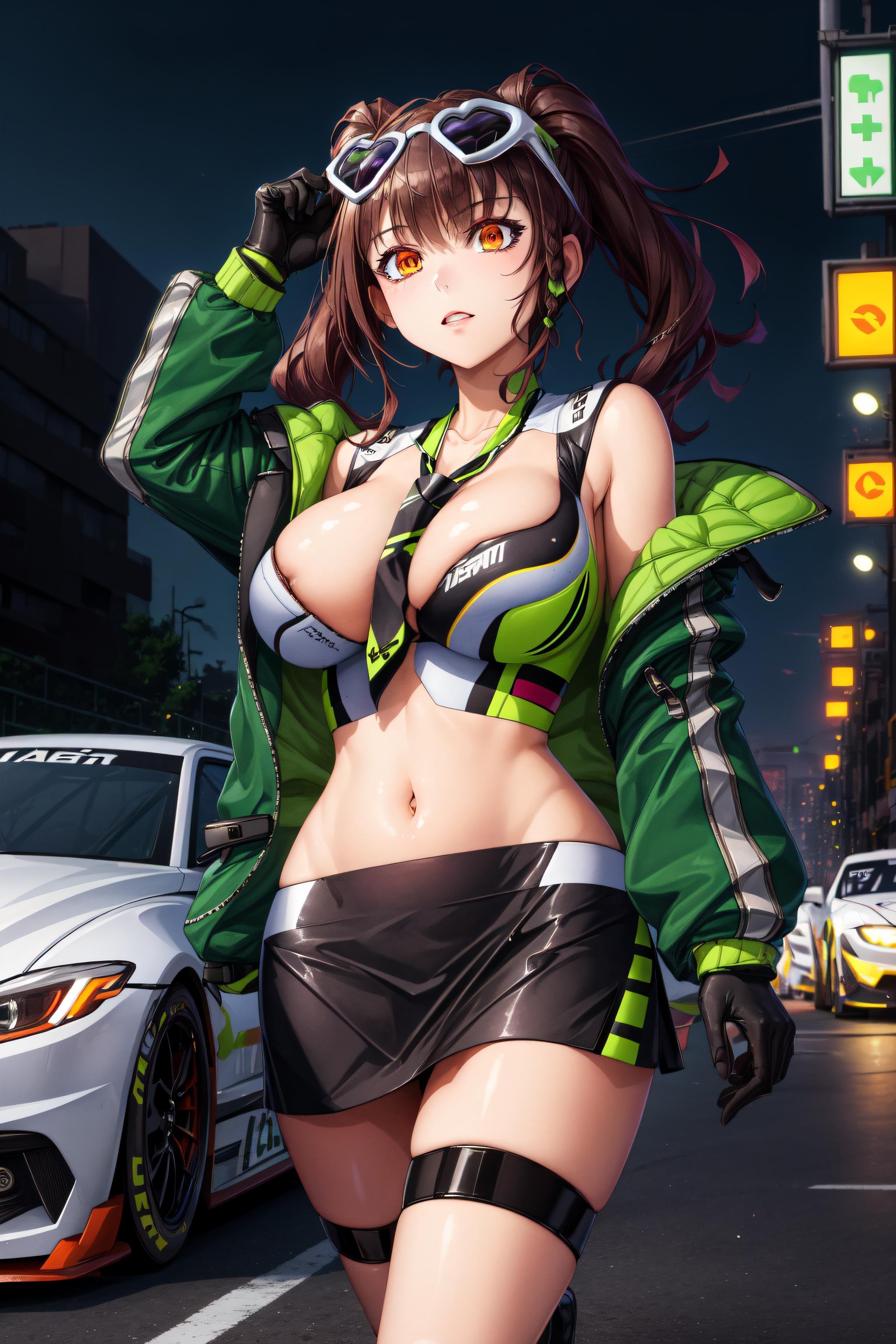 masterpiece, best quality, raphaelx, twintails, cityscape, night, neon lights, racecar, large breasts, green jacket, necktie, black miniskirt, bare shoulders, race queen, eyewear on head, pasties, navel, black gloves, cowboy shot  <lora:RaphaelV20-000020:0.8>