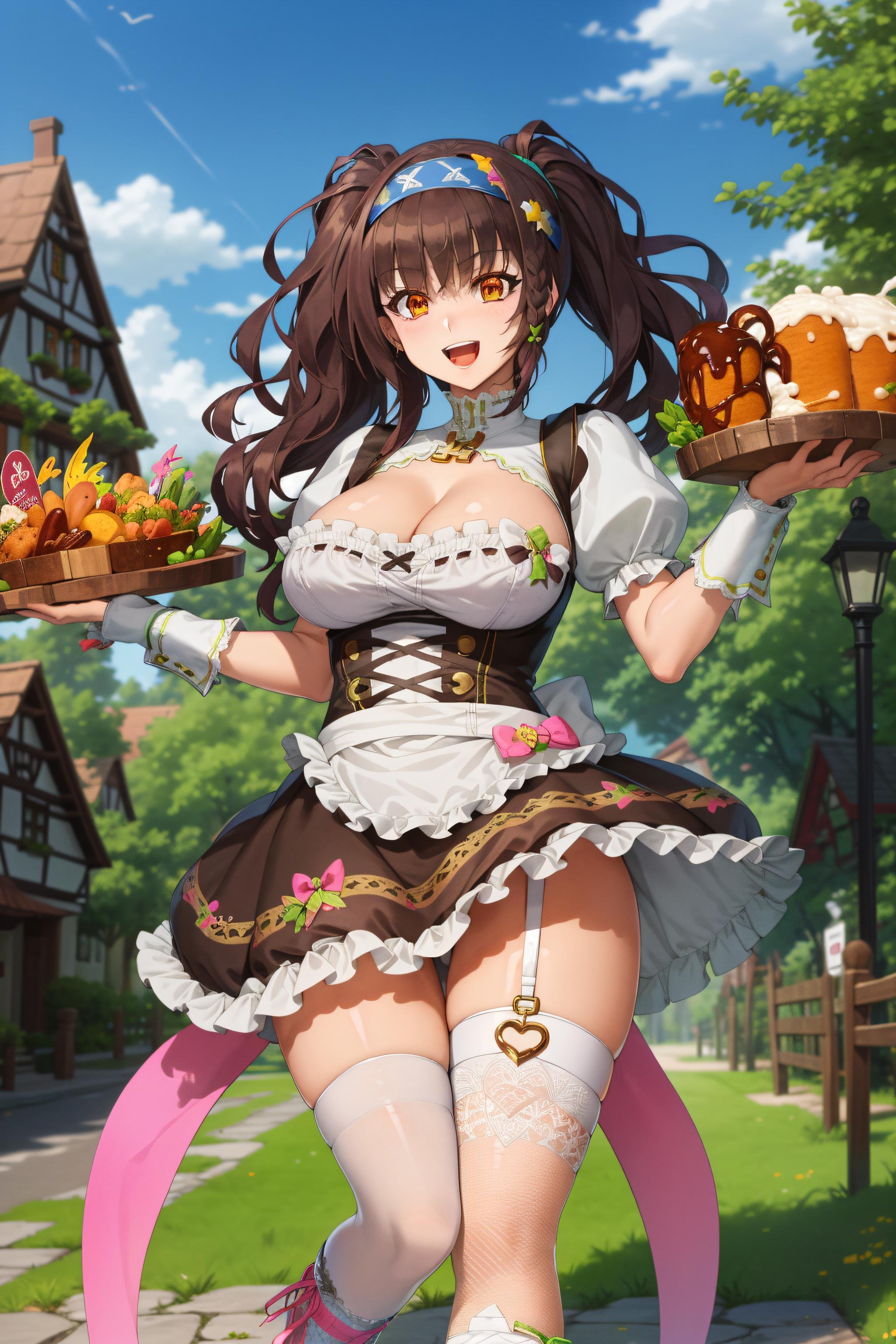 masterpiece, best quality, raphaelx, twintails, smile, open mouth, village, german clothes, frilled dress, frilled skirt, single thighhighs, headband, garter straps, mismatched legwear,  fishnet thighhighs, waitress, cross-laced top, puffy short sleeves, pink footwear, food, mug,  <lora:RaphaelV20-000020:0.8>