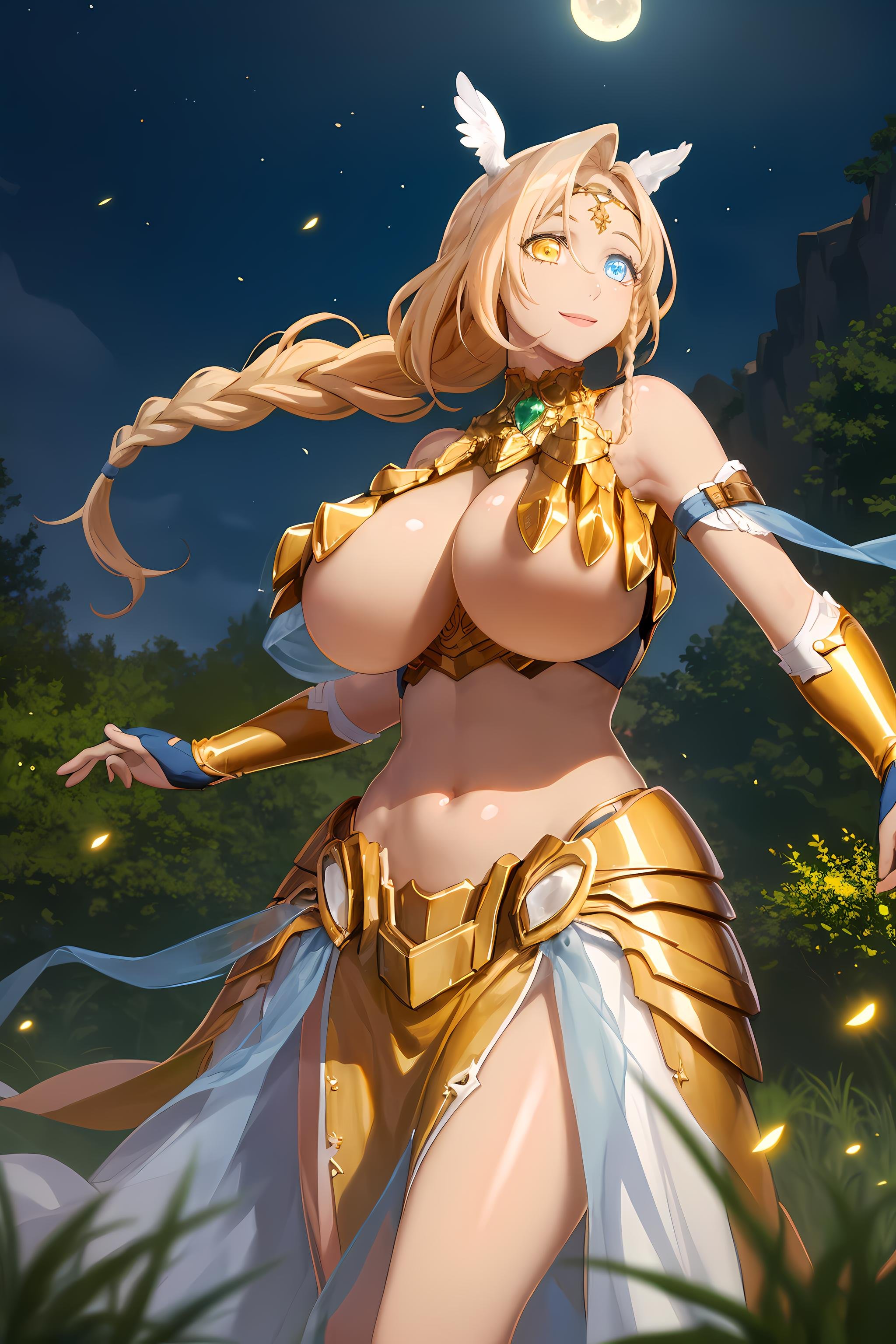 (masterpiece, best quality), 1girl, sarielx, heterochromia, braided bangs, fantasy landscape, garden, moonlight, dramatic lighting, soft particles, fireflies, aura, braided ponytail, gold armor, underboob,  gold skirt, gold gauntlets, head chain, smile <lora:SarielV25:0.85>