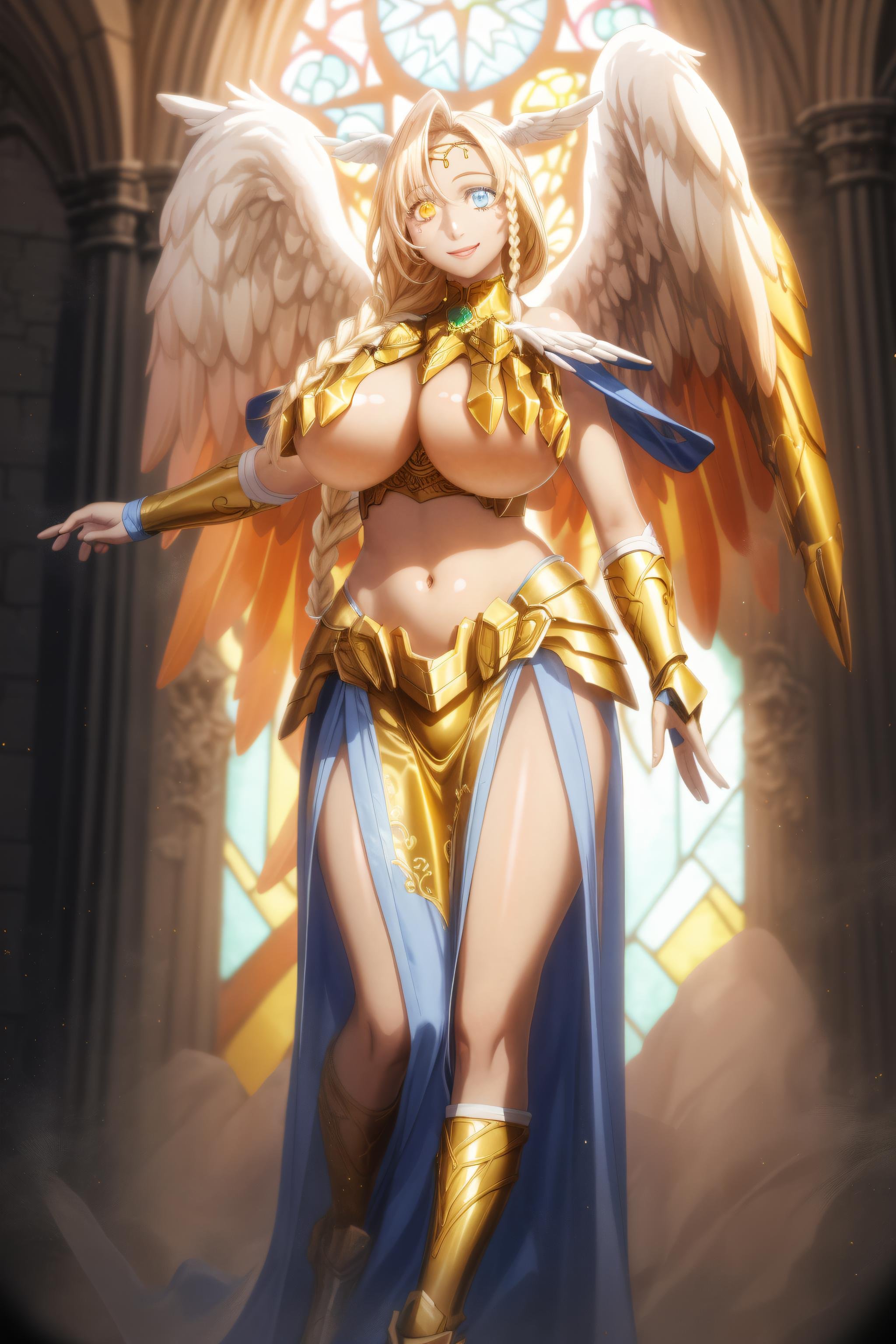 1girl, sarielx, heterochromia, braided ponytail, head wings, braided bangs, dramatic lighting, soft particles, god rays, gold armor, underboob,  gold skirt, gold gauntlets, head chain,  angel wings, smile, cathedral, vitril, stained glass, standing <lora:SarielV25:0.8>