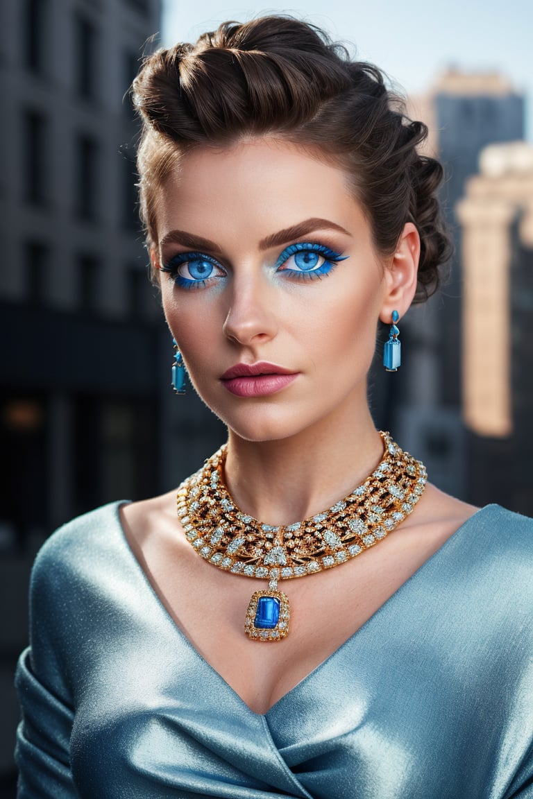 ((best quality)), ((masterpiece)), ((detailed)), portrait of a stylish woman, (effortlessly chic:1.2), [radiant expression], (mesmerizing blue eyes:1.2), [fashion-forward outfit], (statement jewelry:1.3), [modern city style], (sleek hairstyle:1.2), [timeless elegance], (subtle makeup:1.2), [soft backdrop], (metropolitan setting:1.1), [fashion magazine aesthetics], (editorial quality:1.2), (8k resolution:1.2)