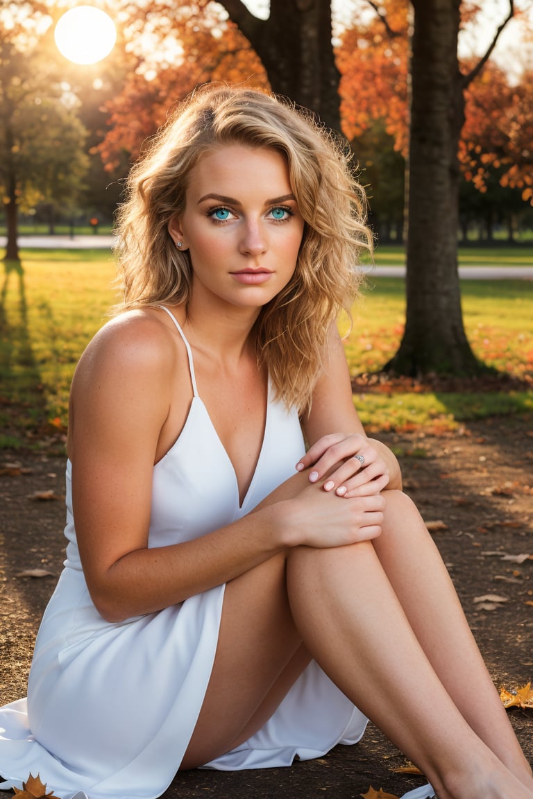 8k, masterpiece, sitting on the floor,wearing a white dress,(legs crossed, facing viewer, peaceful expression), an innocent, stunning, beautiful, gorgeous,perfect,cute,25-year-old British girl, sexy, flirty ,messy blonde hair, detailed eyes, detailed iris,expressive face,expressive eyes,((beautiful vibrant sunrise)),(in a park, autumn, city park),(thin, low BMI, fitgirl body, (realistic face, perfect eyes, perfect face:1.1), 80mm Sigma f2,depth of field,intricate natural lighting 