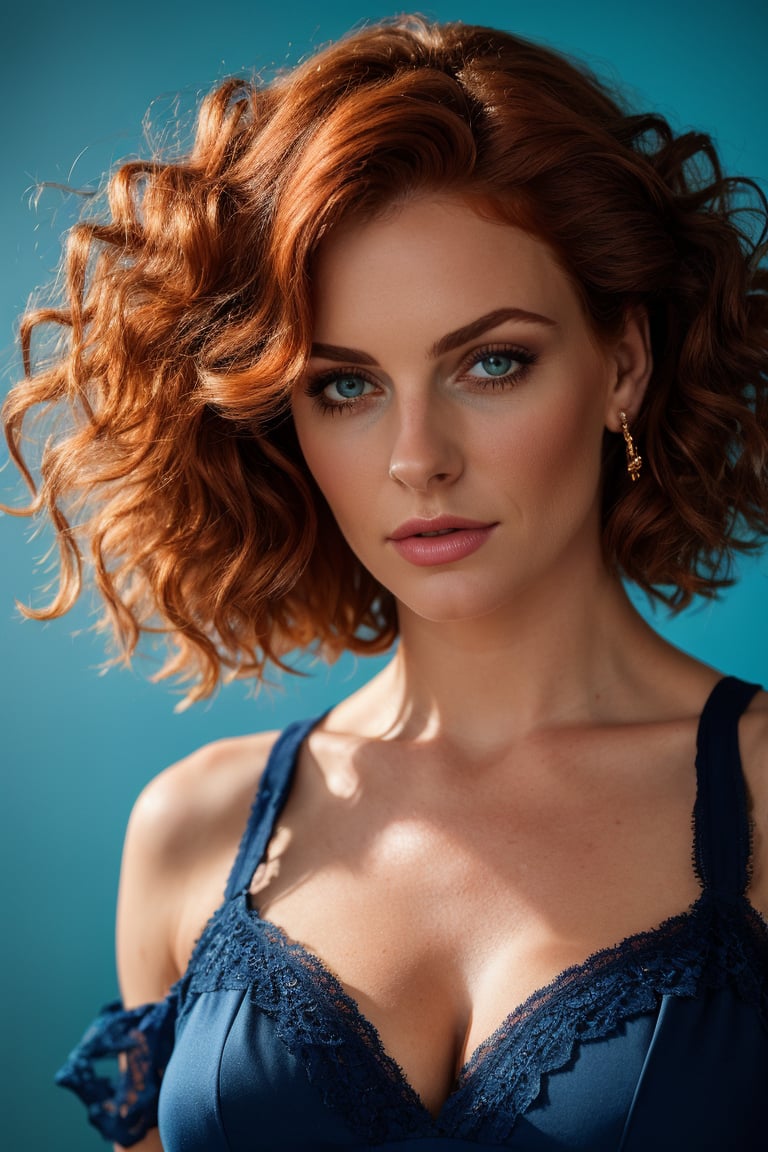 8k, masterpiece, beautiful woman facing viewer, Sexy woman, Generate image of a stunning woman with red hair cascading down her shoulders, styled in loose curls, blue lace dress, blurred background. highly detailed, sharp focus.8k,photography style,upper body shot