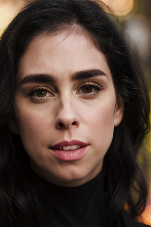 (closeup portrait:1.2) of Sarah Silverman , wearing a turtleneck, eyes directed to camera, outside, bokeh, depth of field,,sks woman