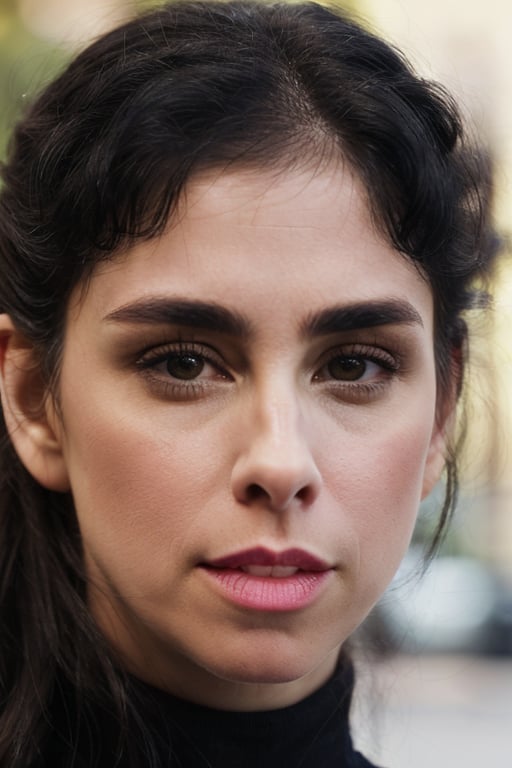 (closeup portrait:1.2) of Sarah Silverman , wearing a turtleneck, eyes directed to camera, outside, bokeh, depth of field,,sks woman